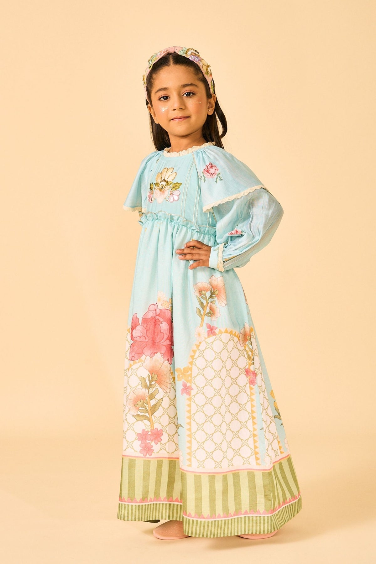 Blue Clay Embellished Girls Long Dress