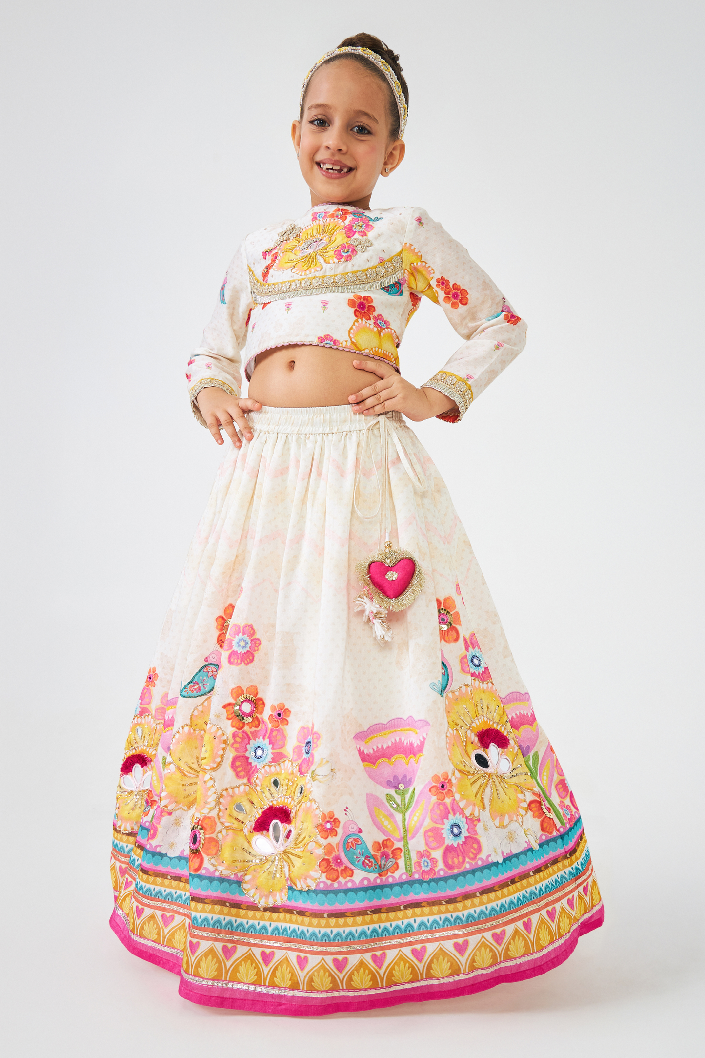 Freya Mustard Girls Embellished Top & Lehenga (Set of 3 Pcs)