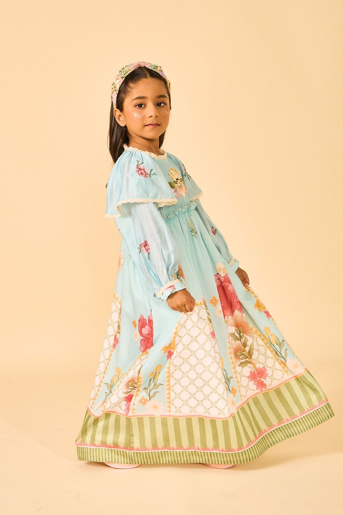 Blue Clay Embellished Girls Long Dress