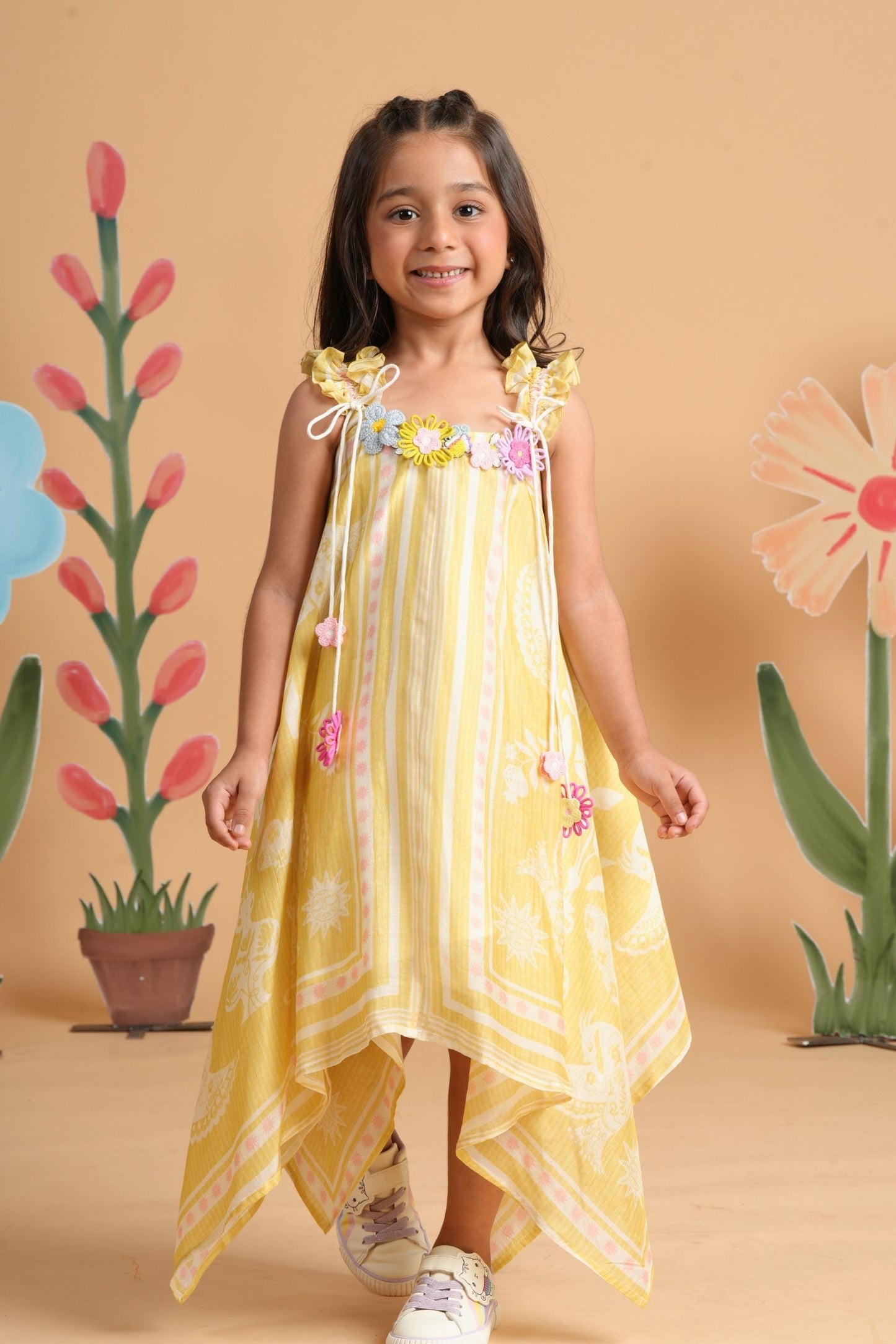 Nola Yellow Girls Embellished Handkerchief Dress
