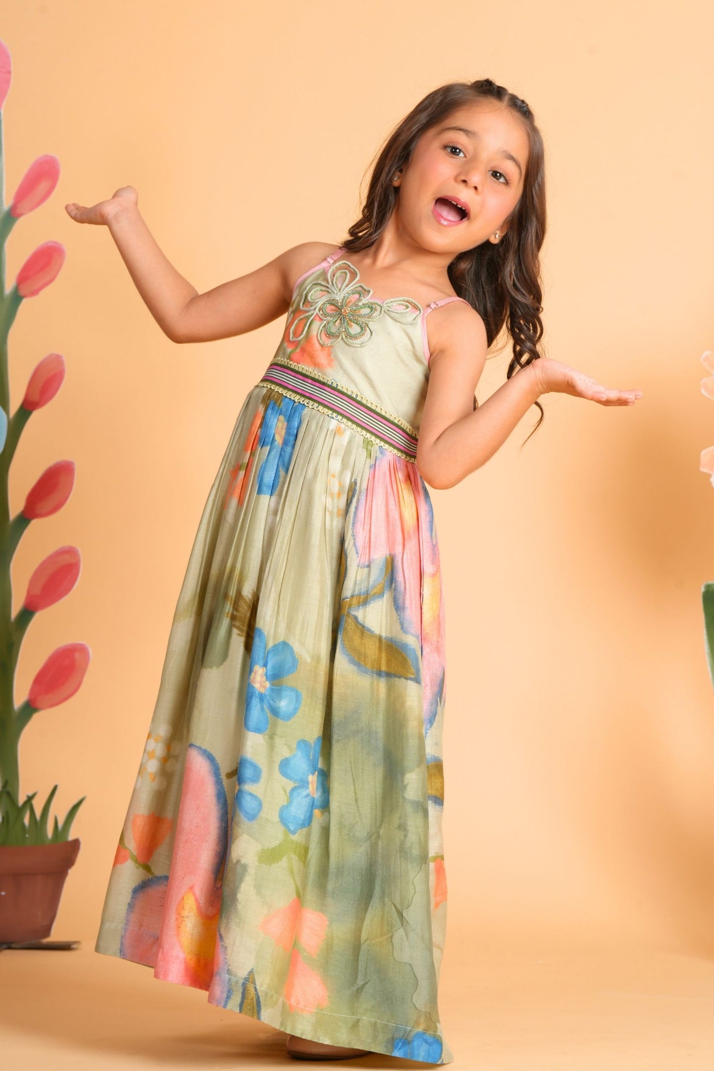 Sage Bloom Girls Embellished Strappy Dress