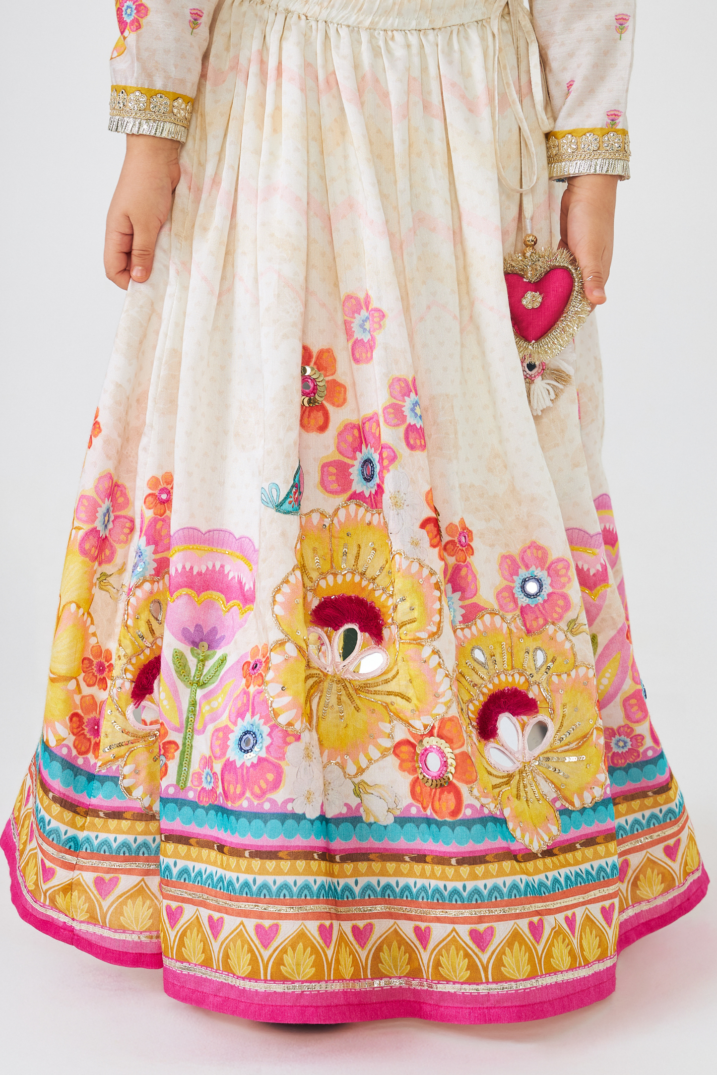 Freya Mustard Girls Embellished Top & Lehenga (Set of 3 Pcs)