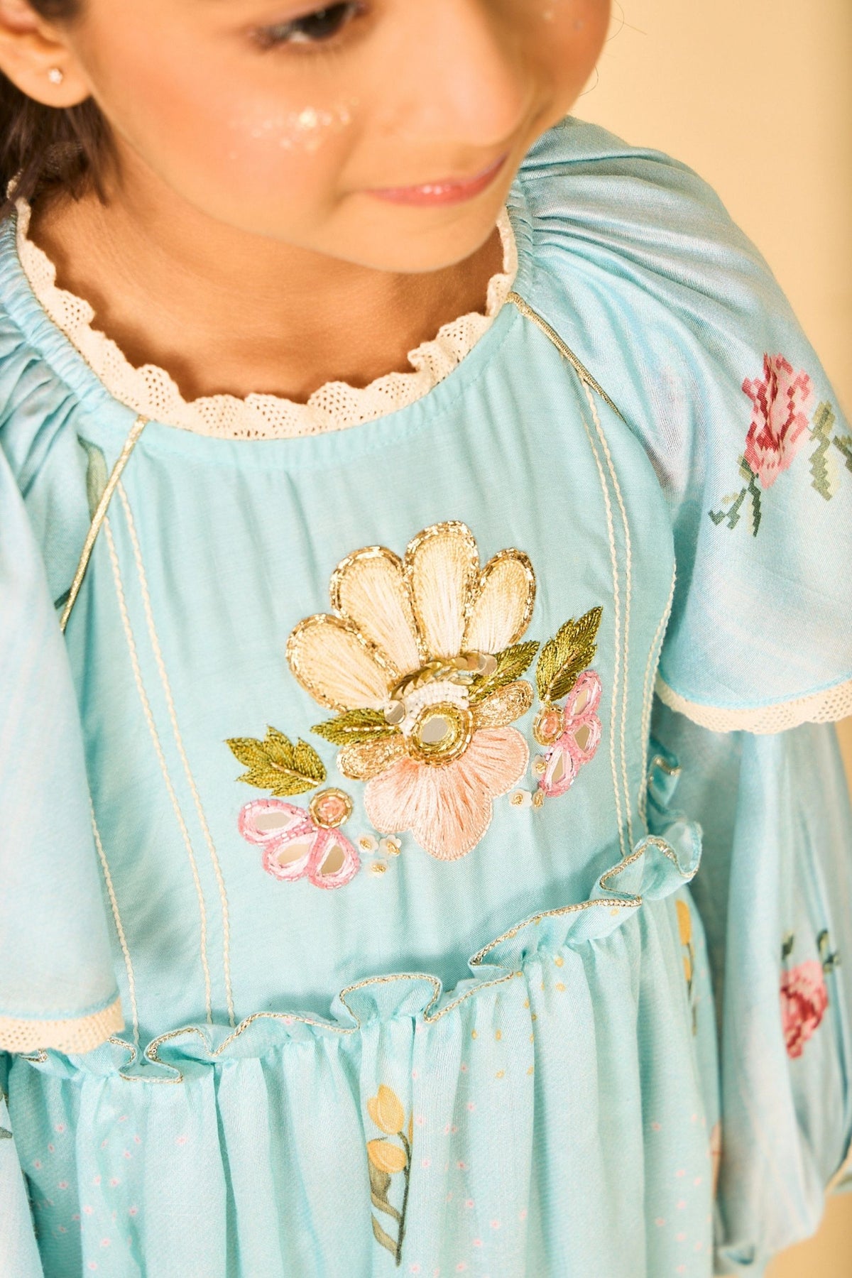 Blue Clay Embellished Girls Long Dress