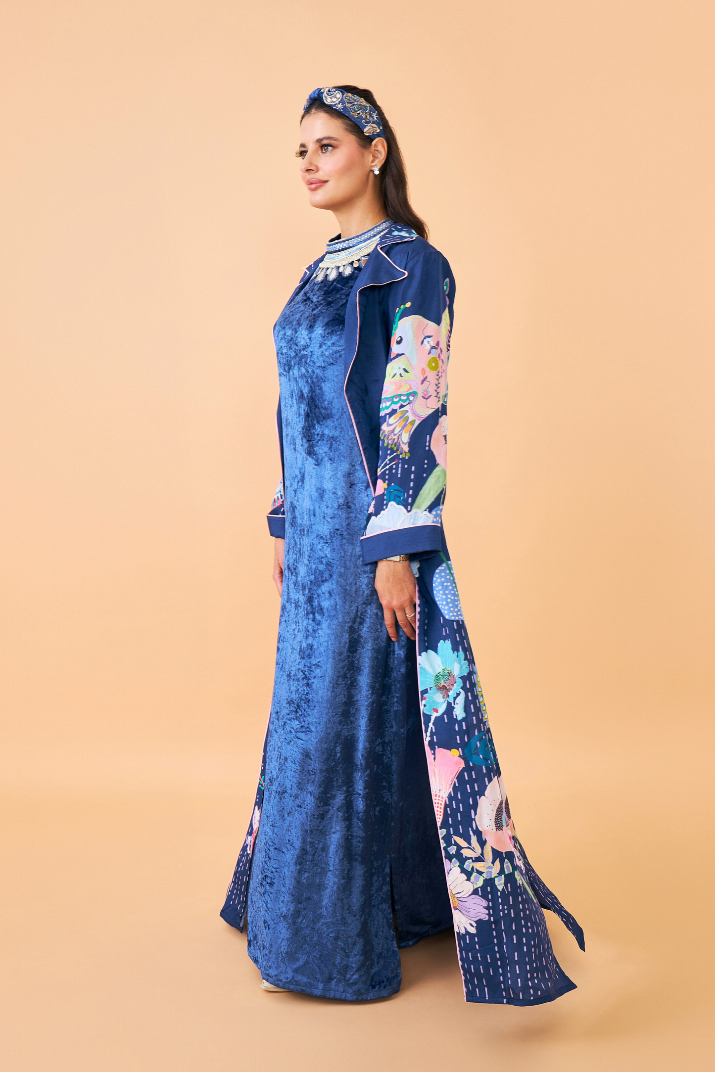 Sparrow Navy Coat with Velvet Long Dress - Mom & Me