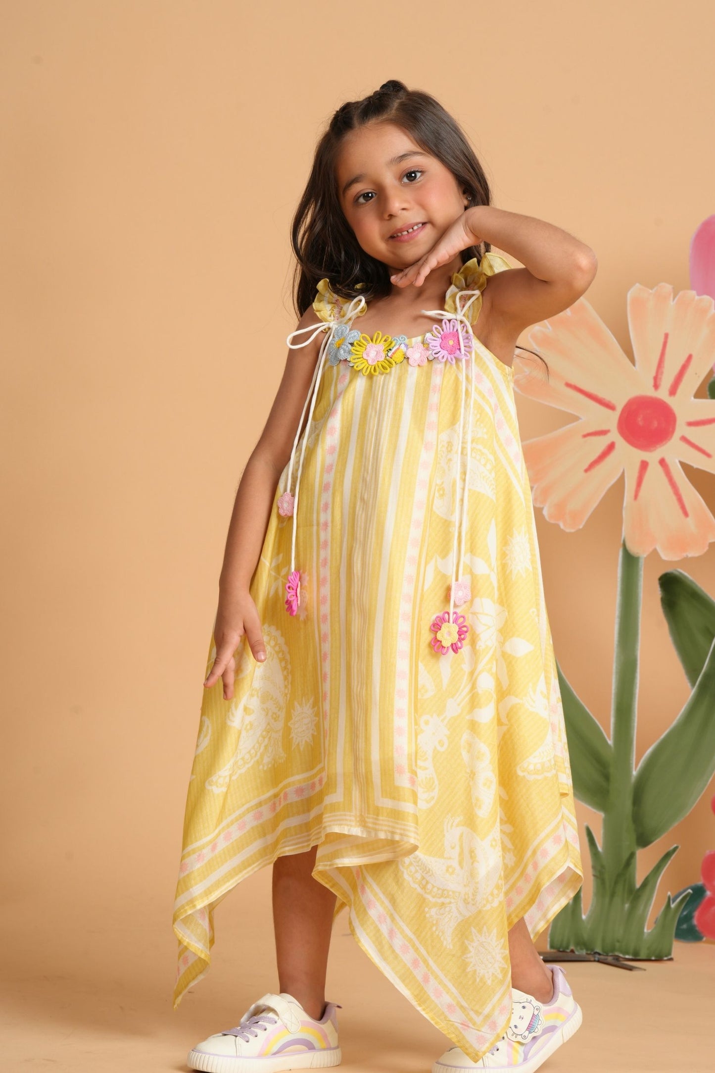 Nola Yellow Girls Embellished Handkerchief Dress