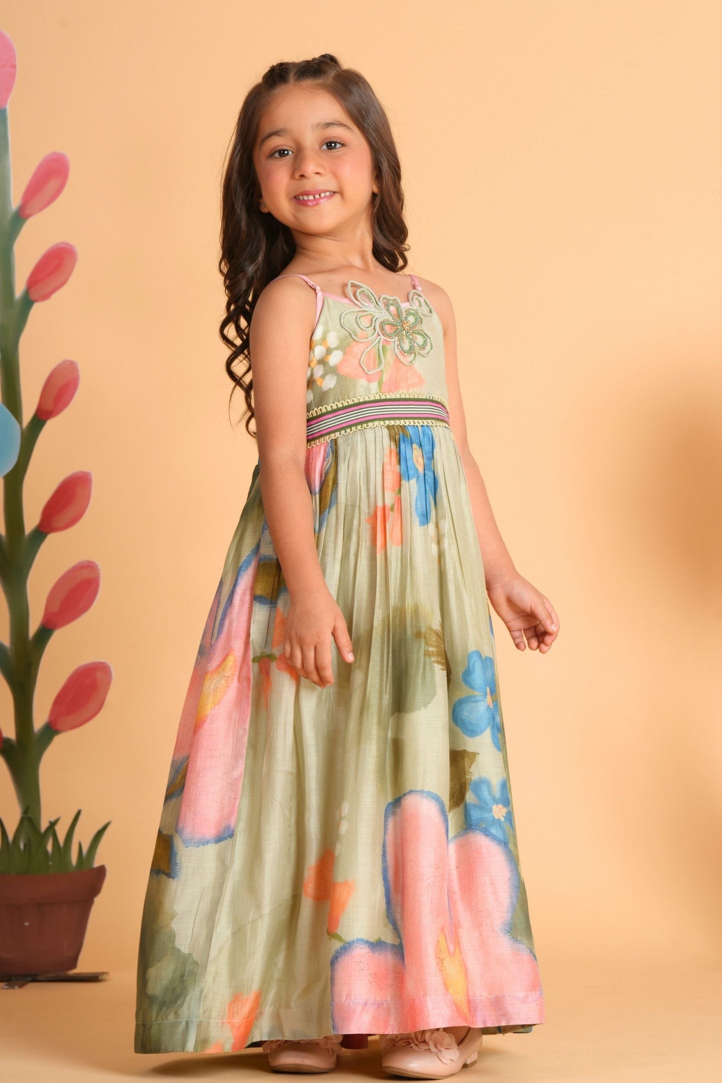 Sage Bloom Girls Embellished Strappy Dress