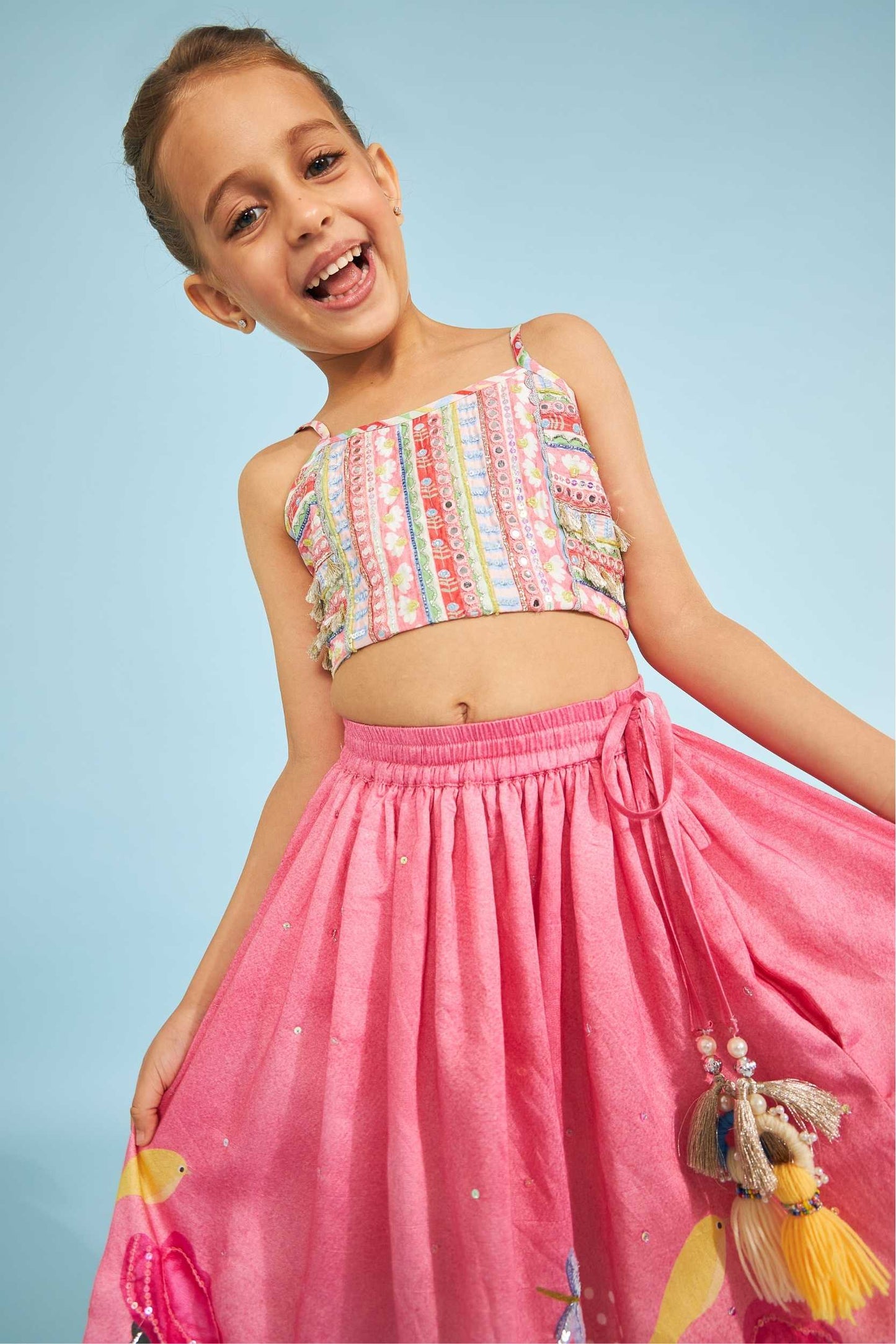 Candy Stripe Girls Embellished Crop Top With Strawberry Embellished Skirt  (3 Pc Set)