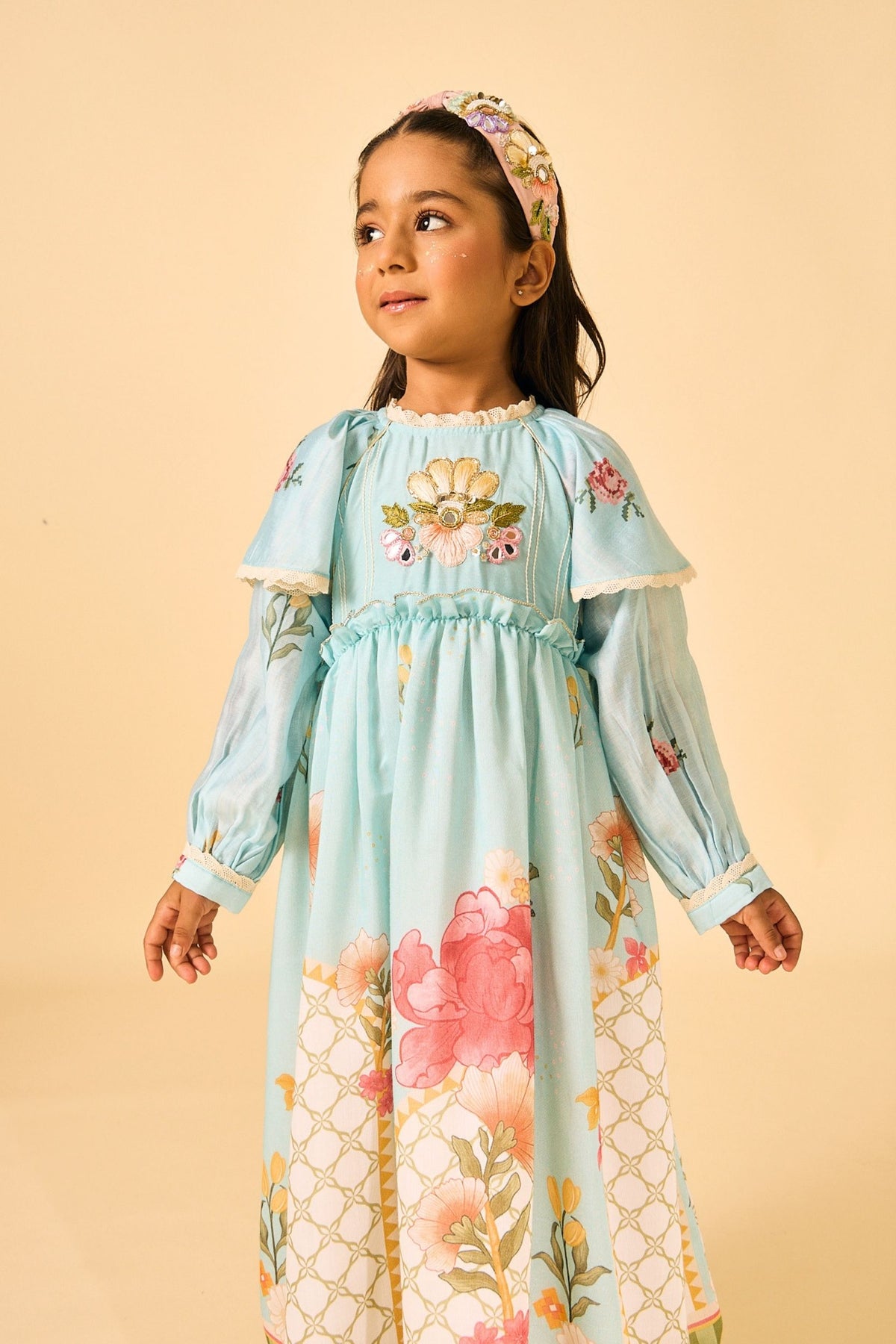 Blue Clay Embellished Girls Long Dress