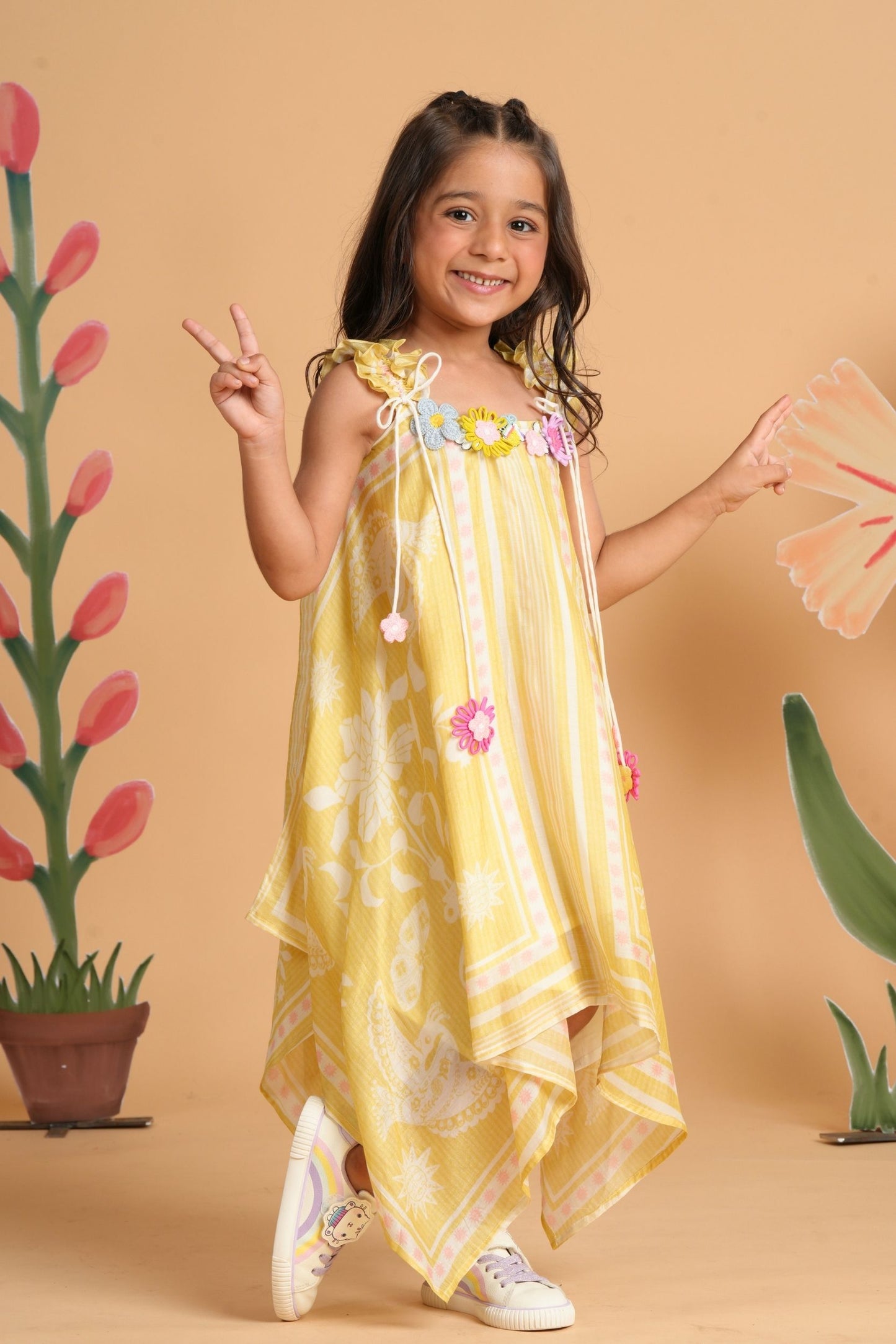 Nola Yellow Girls Embellished Handkerchief Dress