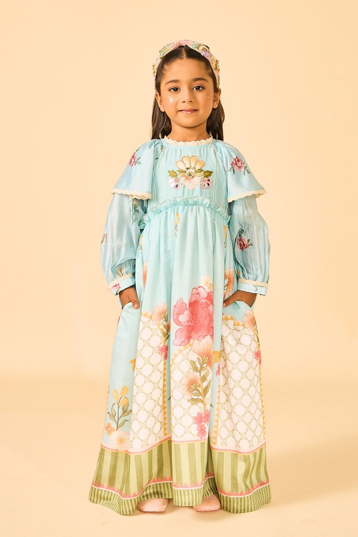 Blue Clay Embellished Girls Long Dress