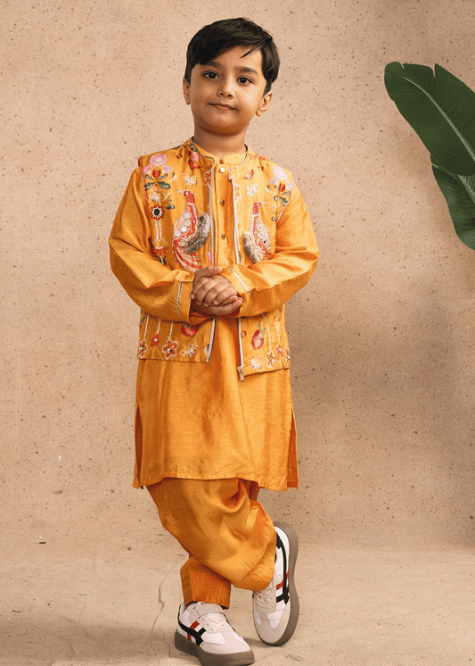 Nella Orange Boys Embellished Bundi with Kurta Set (Set of 3 pcs)