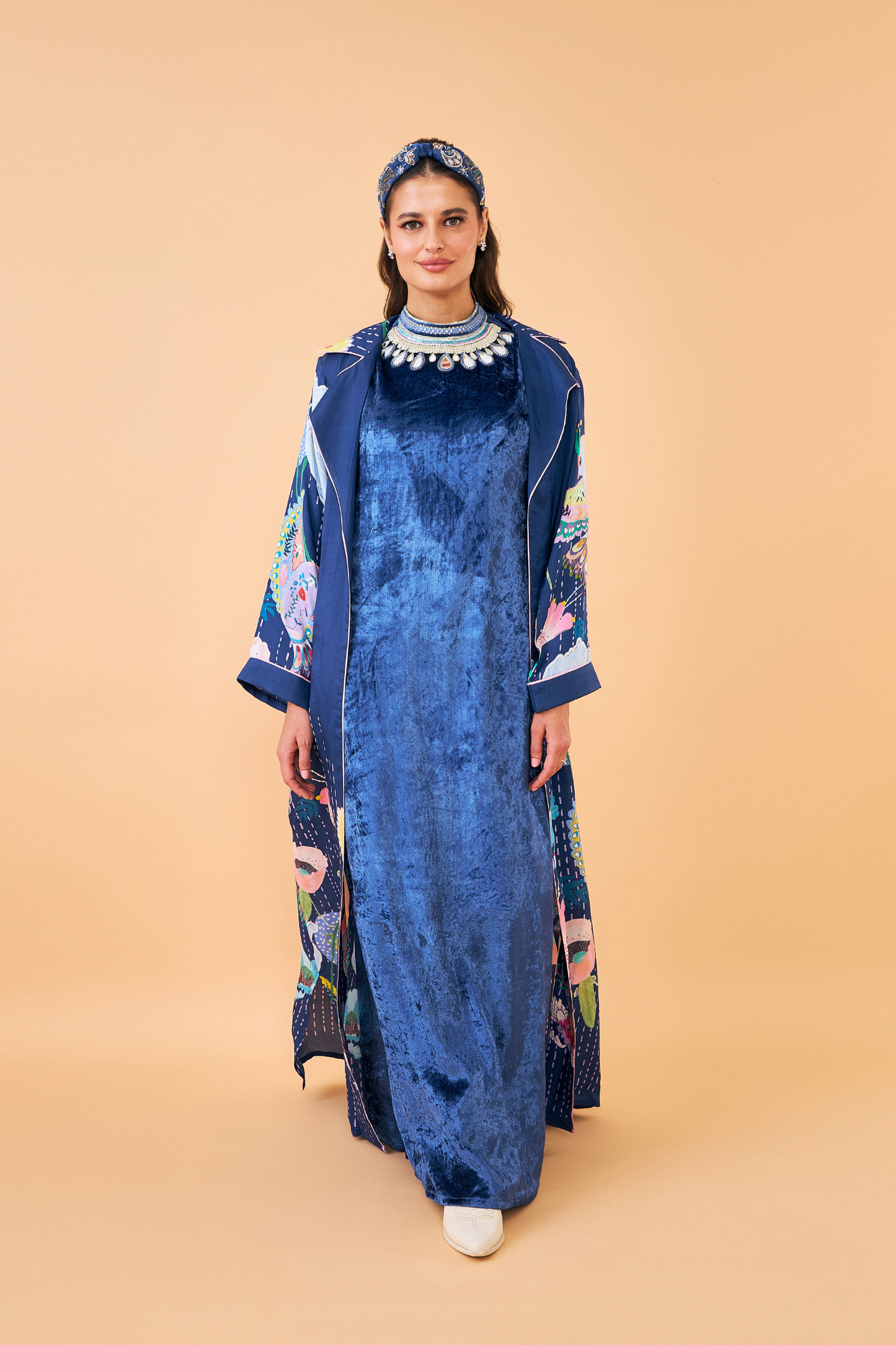 Sparrow Navy Coat with Velvet Long Dress - Mom & Me