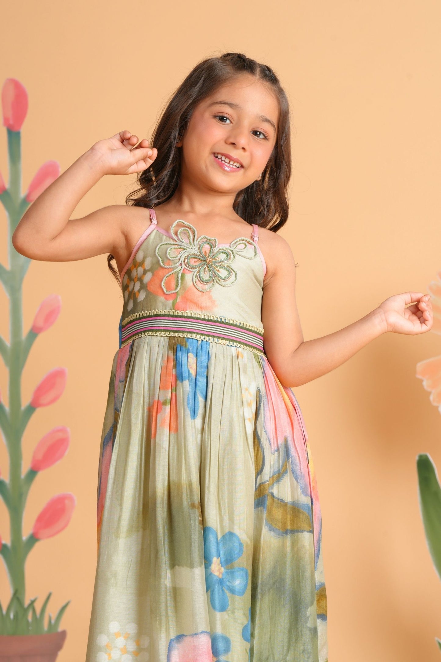 Sage Bloom Girls Embellished Strappy Dress