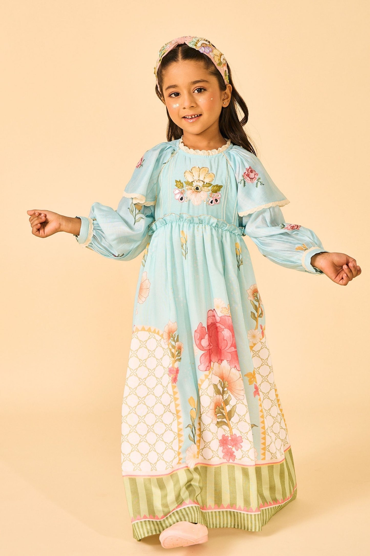 Blue Clay Embellished Girls Long Dress