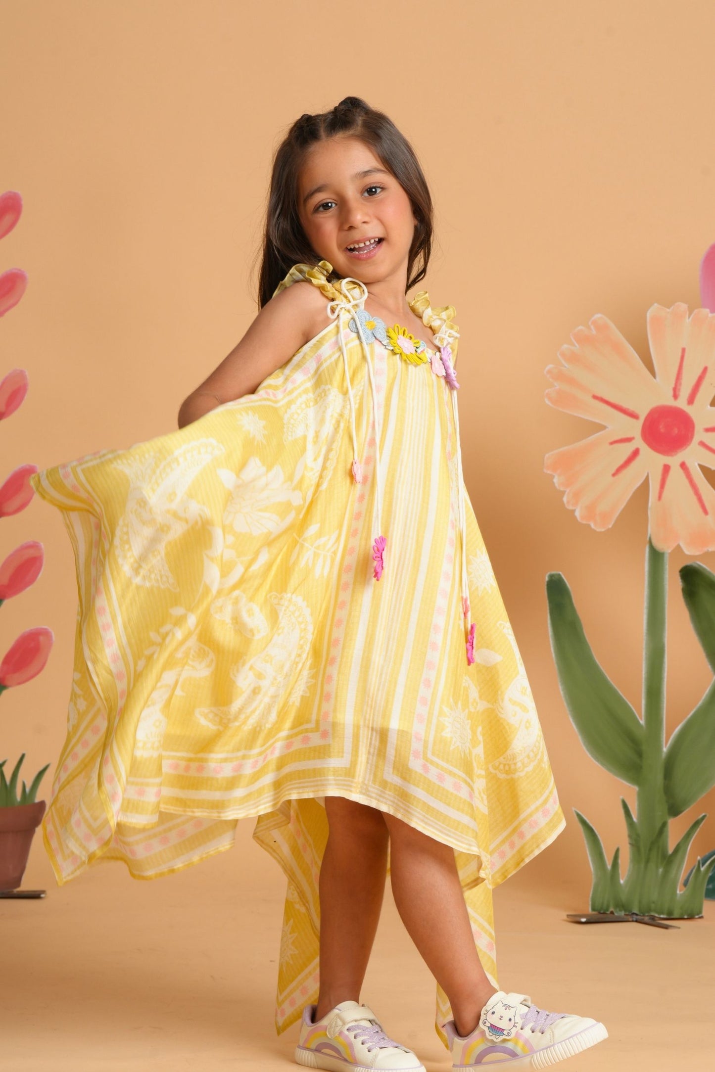 Nola Yellow Girls Embellished Handkerchief Dress