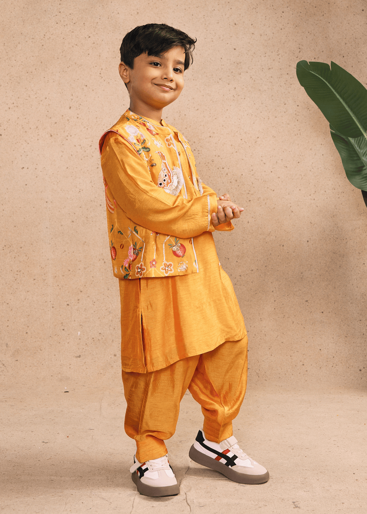 Nella Orange Boys Embellished Bundi with Kurta Set (Set of 3 pcs)