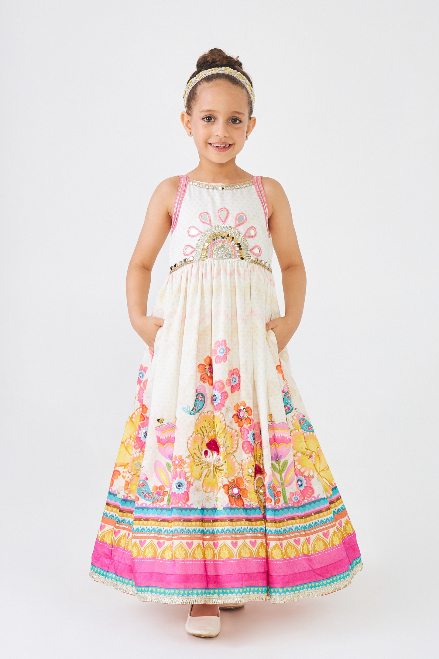 Freya Mustard Embellished Girls Long Dress