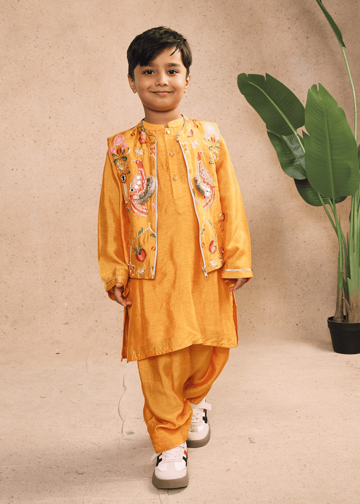 Nella Orange Boys Embellished Bundi with Kurta Set (Set of 3 pcs)