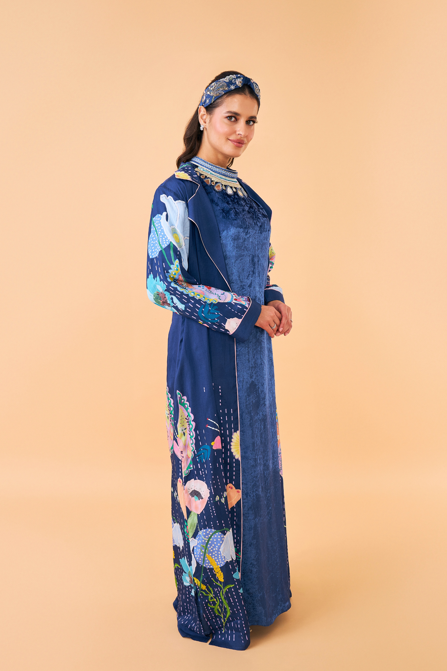 Sparrow Navy Ladies Coat with Velvet Long Dress ( set of 2 pcs)