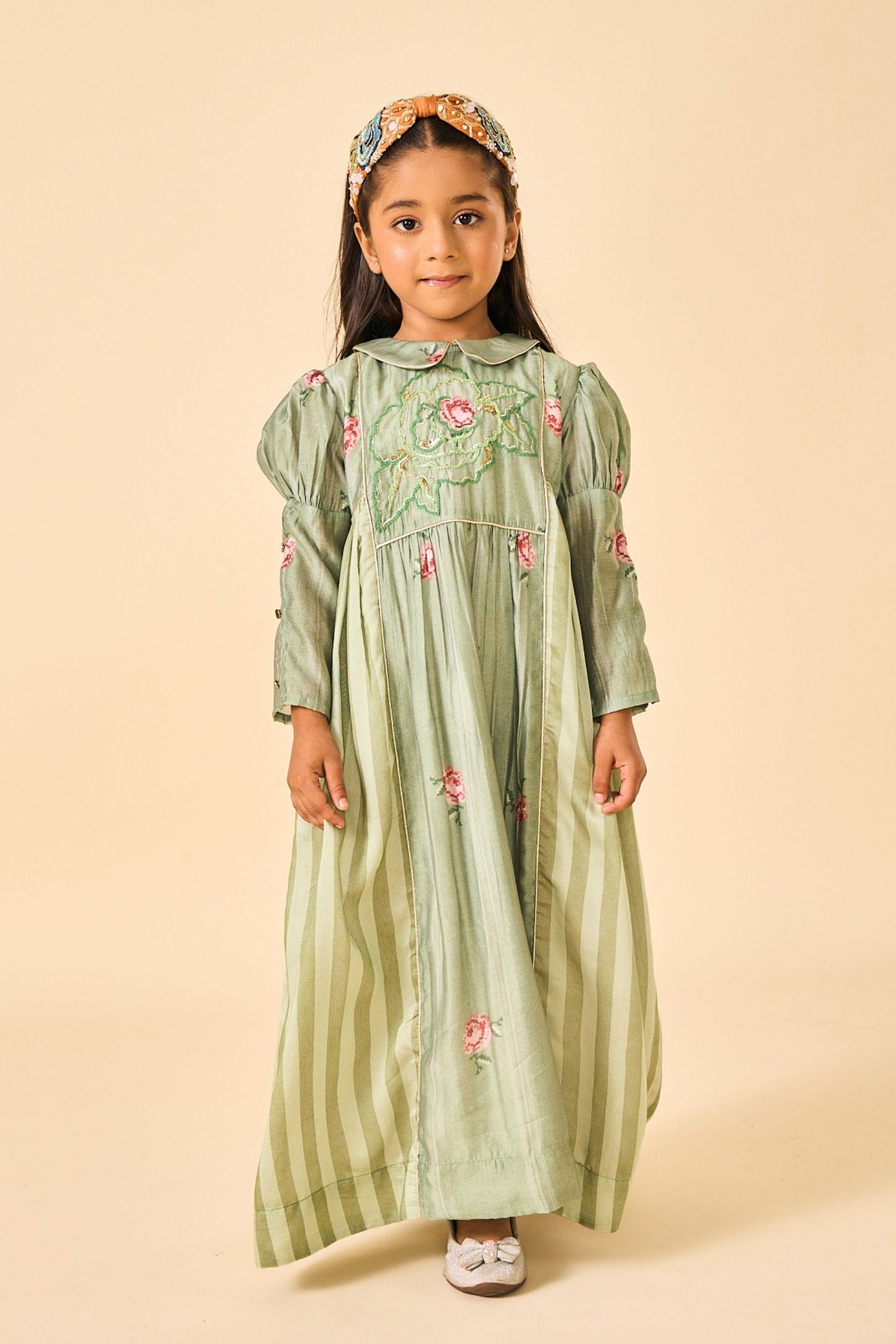 Olive Rose Stripes Girls Embellished Long Dress