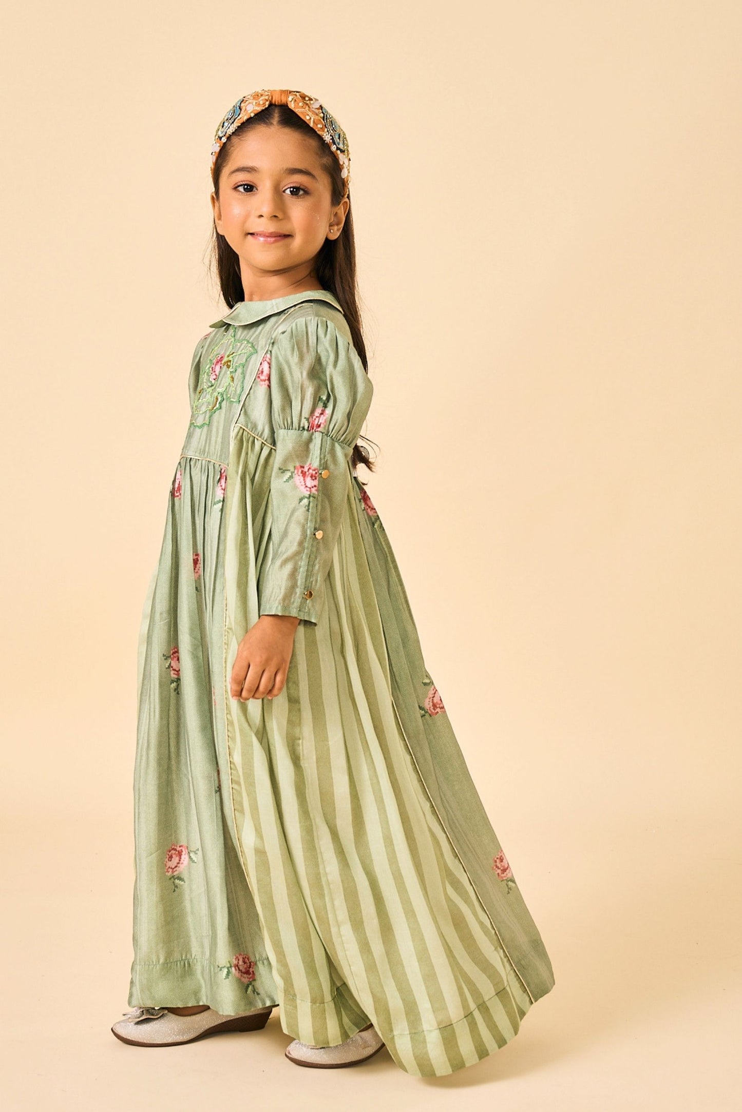 Olive Rose Stripes Girls Embellished Long Dress