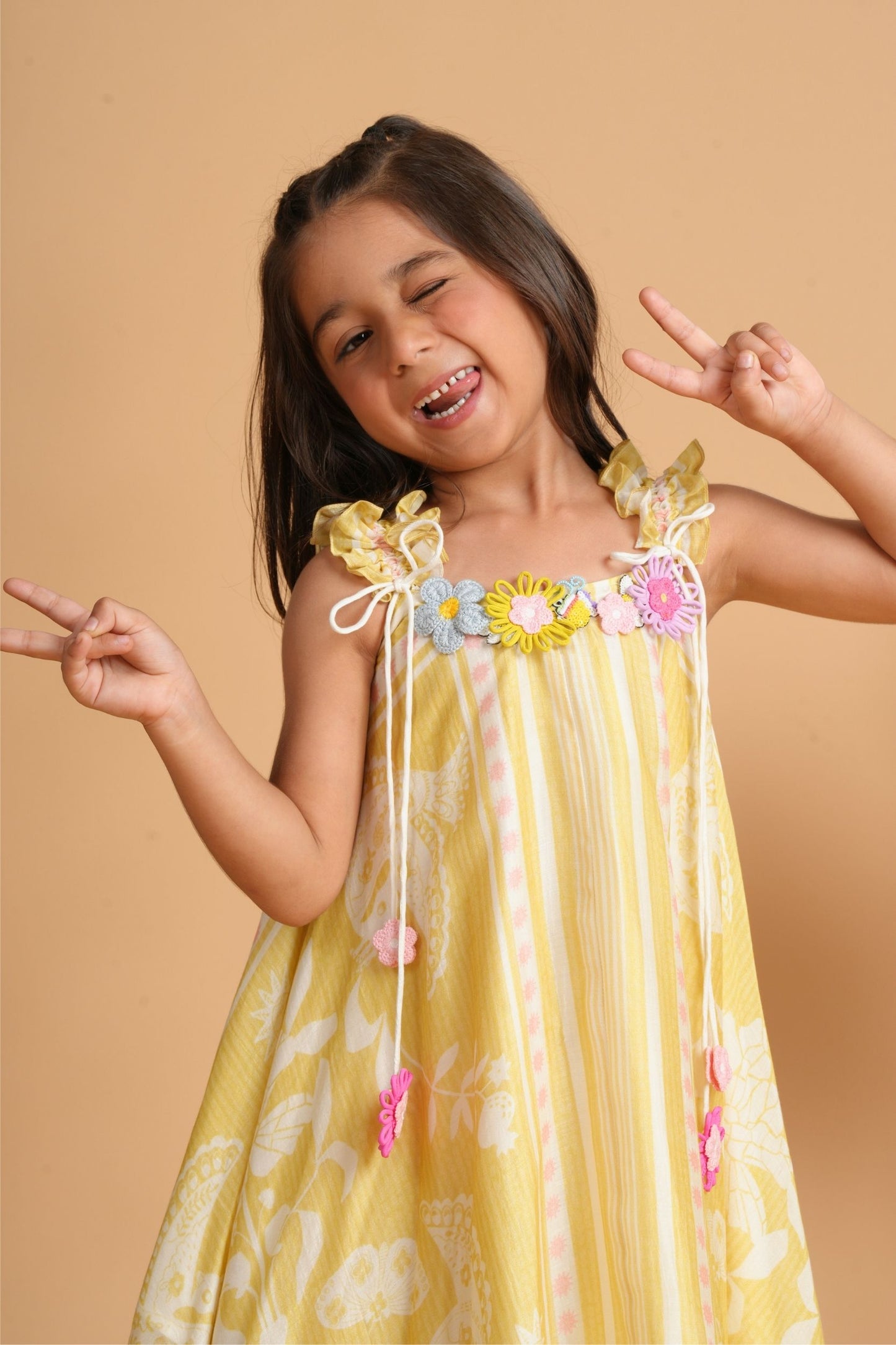 Nola Yellow Girls Embellished Handkerchief Dress