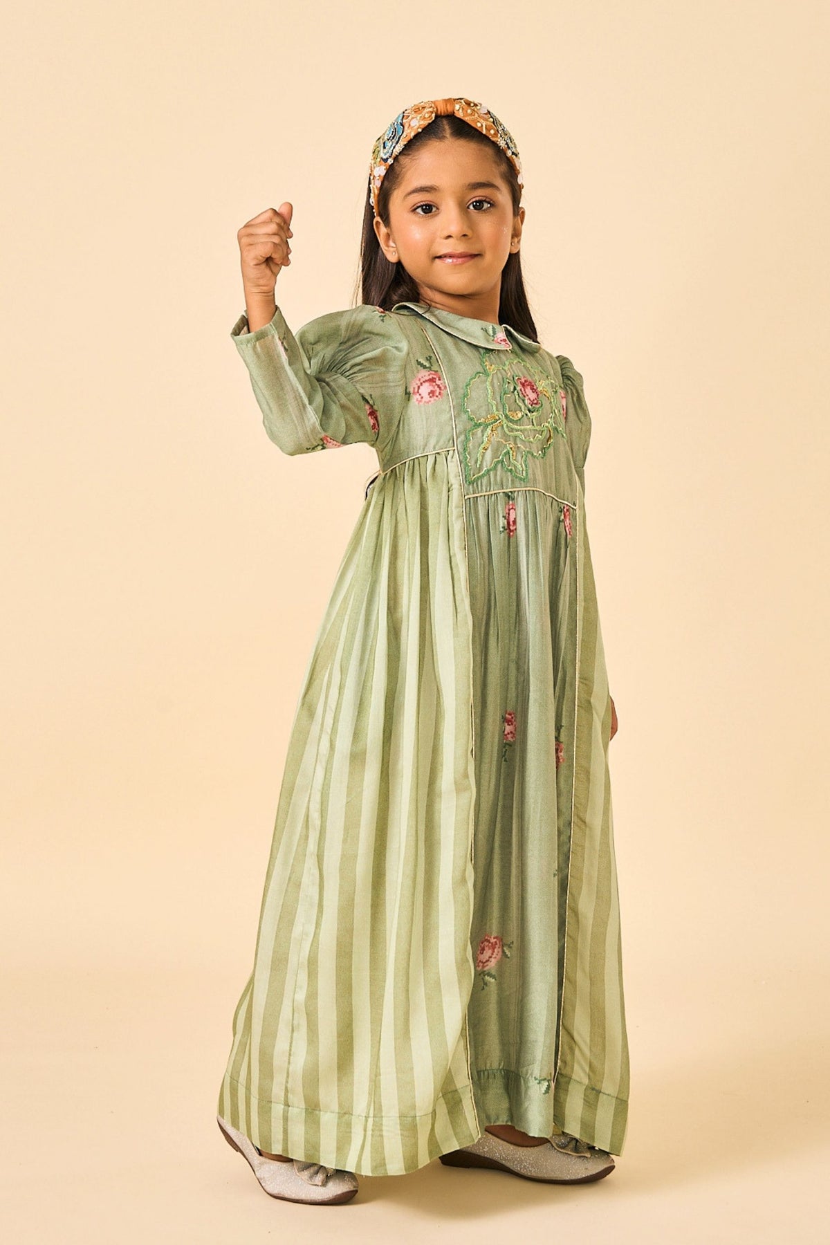 Olive Rose Stripes Girls Embellished Long Dress