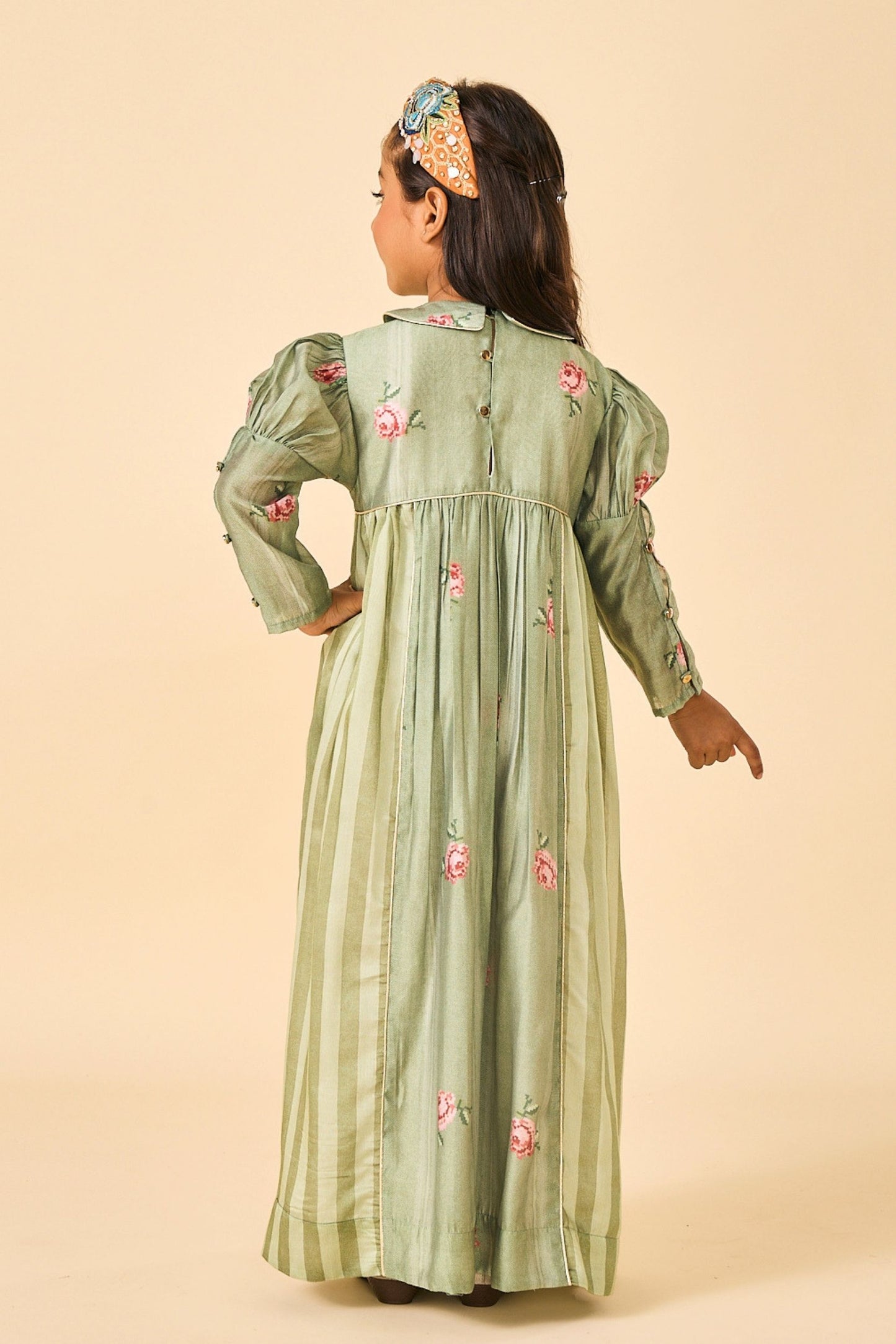 Olive Rose Stripes Girls Embellished Long Dress