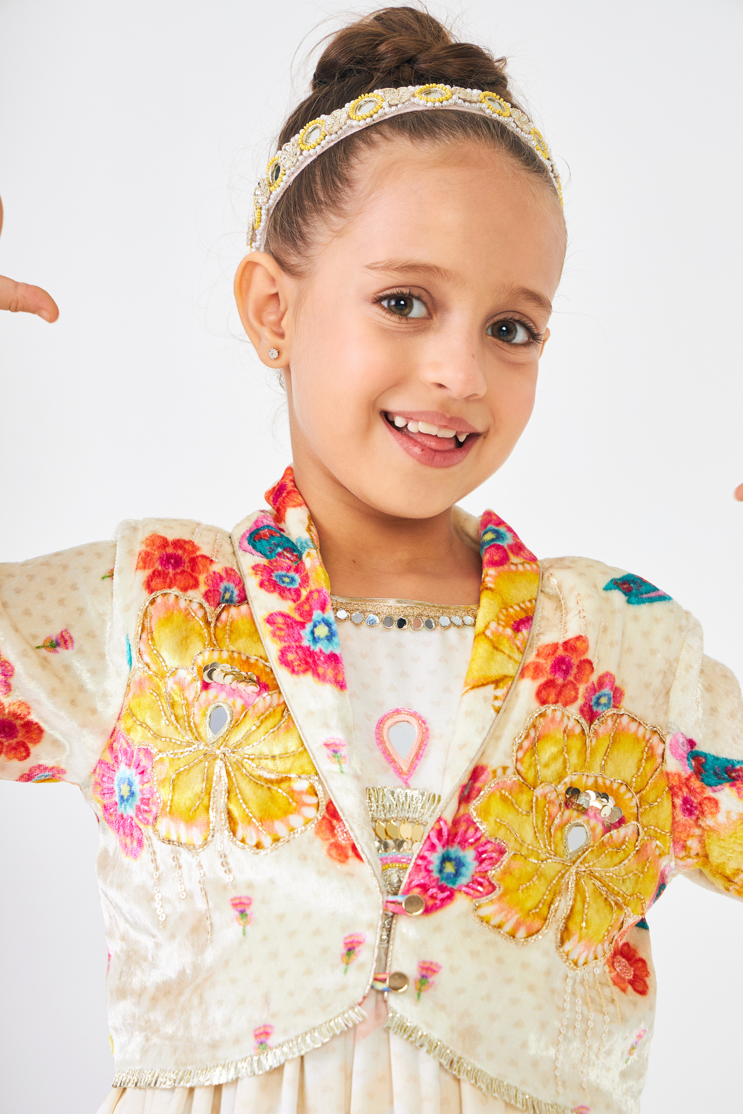 Freya Mustard Embellished Girls Long Dress With Jacket (Set of 2 Pcs)