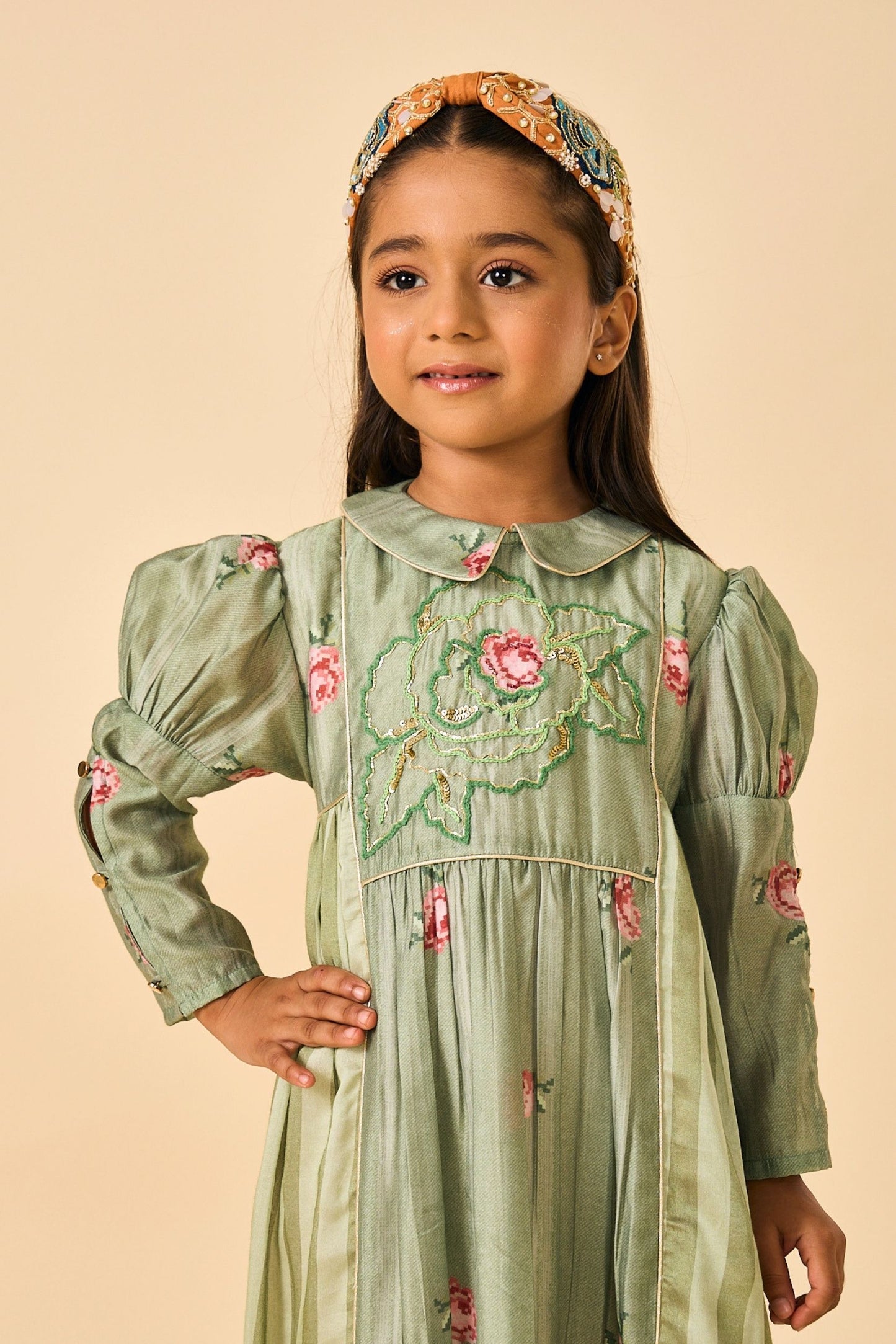 Olive Rose Stripes Girls Embellished Long Dress