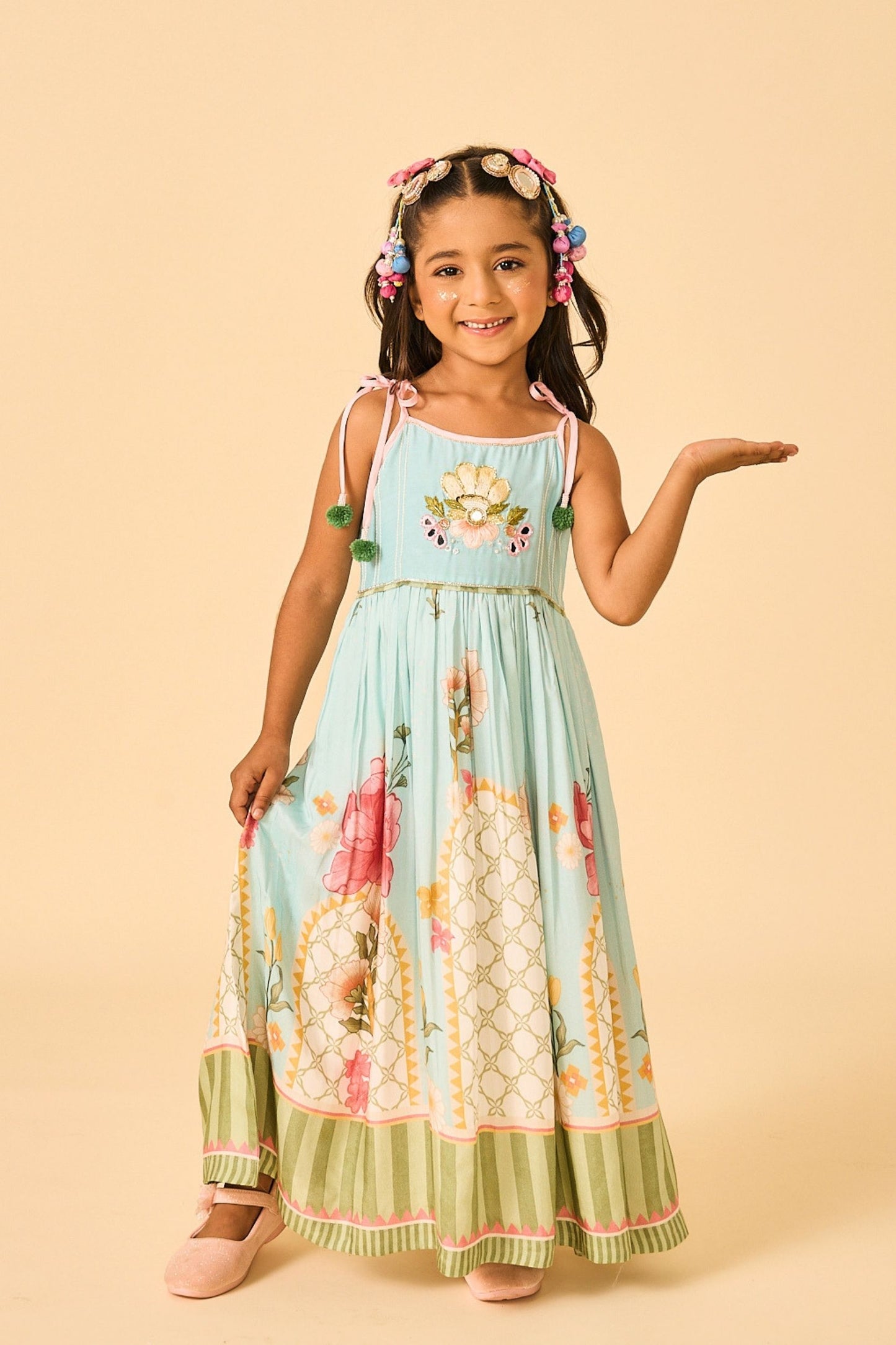 Blue Clay Embellished Girls Long Strappy Dress
