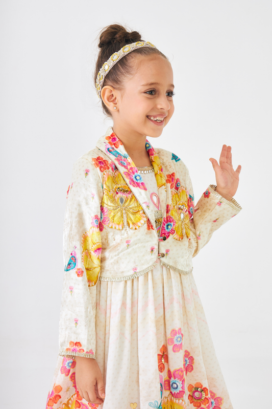Freya Mustard Embellished Girls Long Dress With Jacket (Set of 2 Pcs)