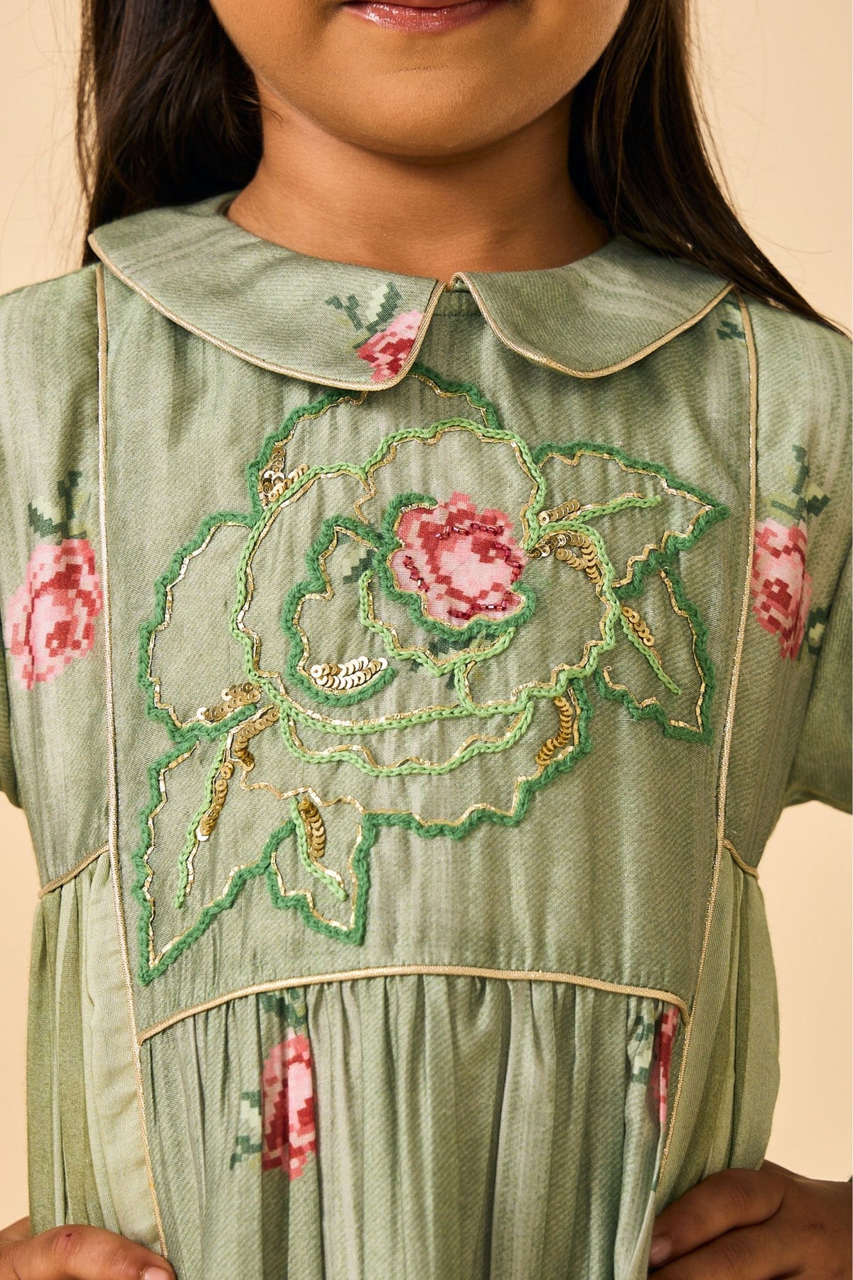 Olive Rose Stripes Girls Embellished Long Dress