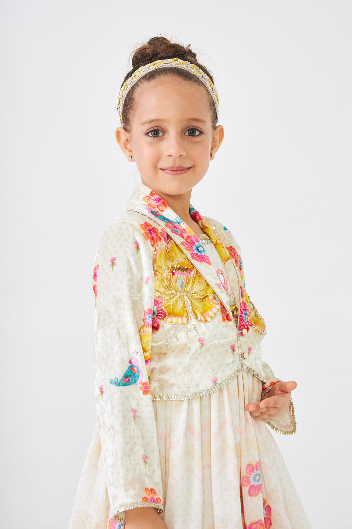 Freya Mustard Embellished Girls Long Dress With Jacket (Set of 2 Pcs)