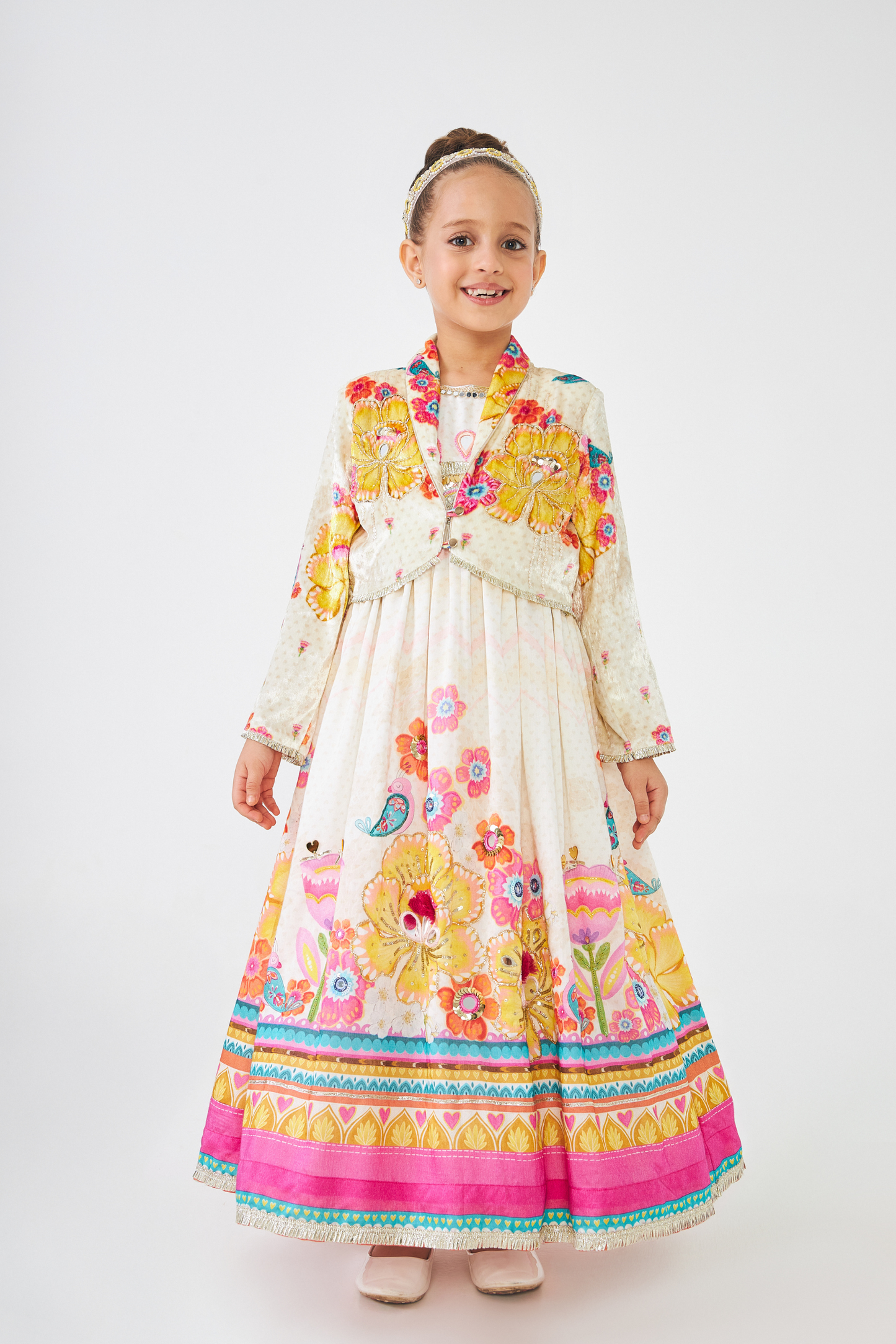 Freya Mustard Embellished Girls Long Dress With Jacket (Set of 2 Pcs)