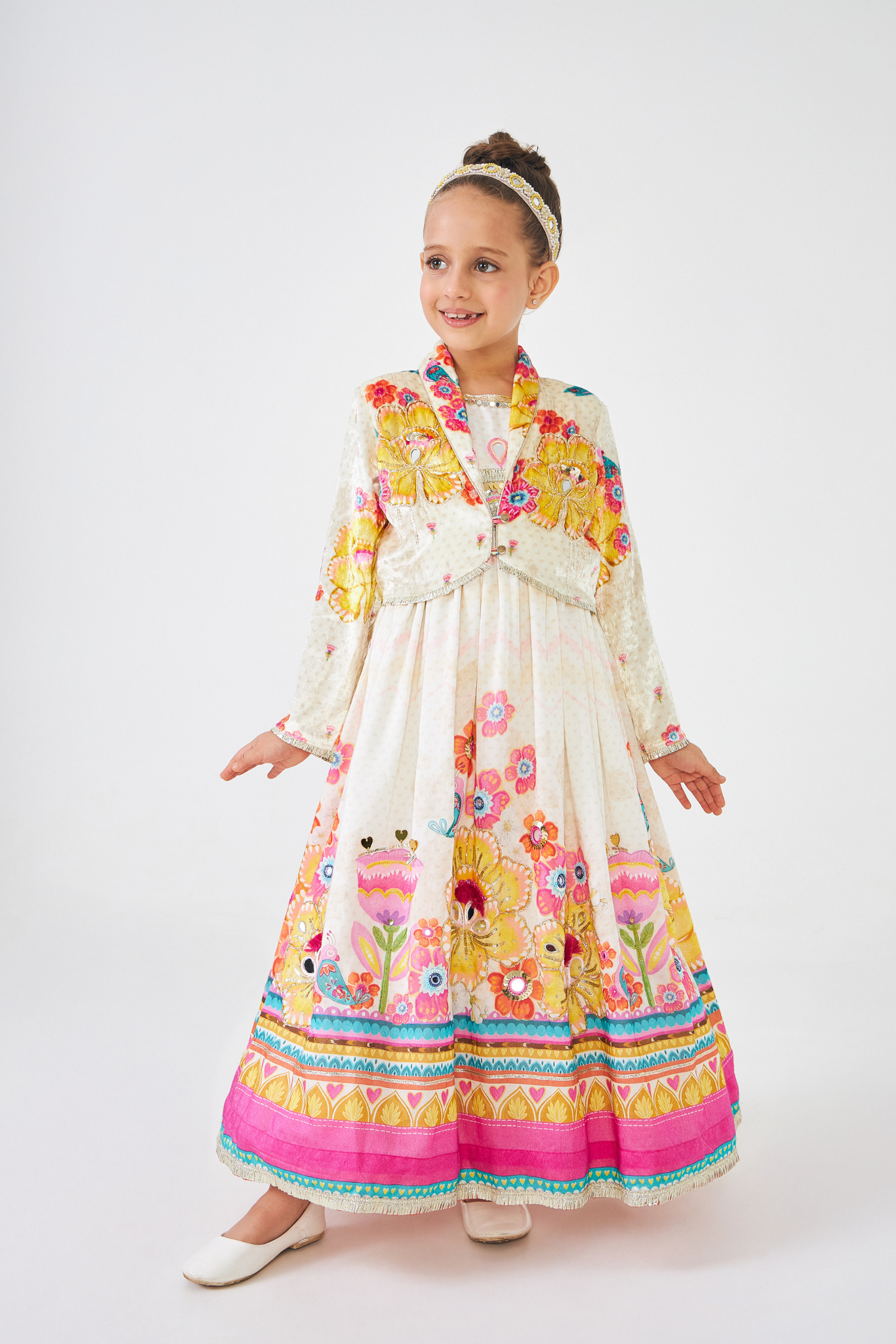 Freya Mustard Embellished Girls Long Dress With Jacket (Set of 2 Pcs)