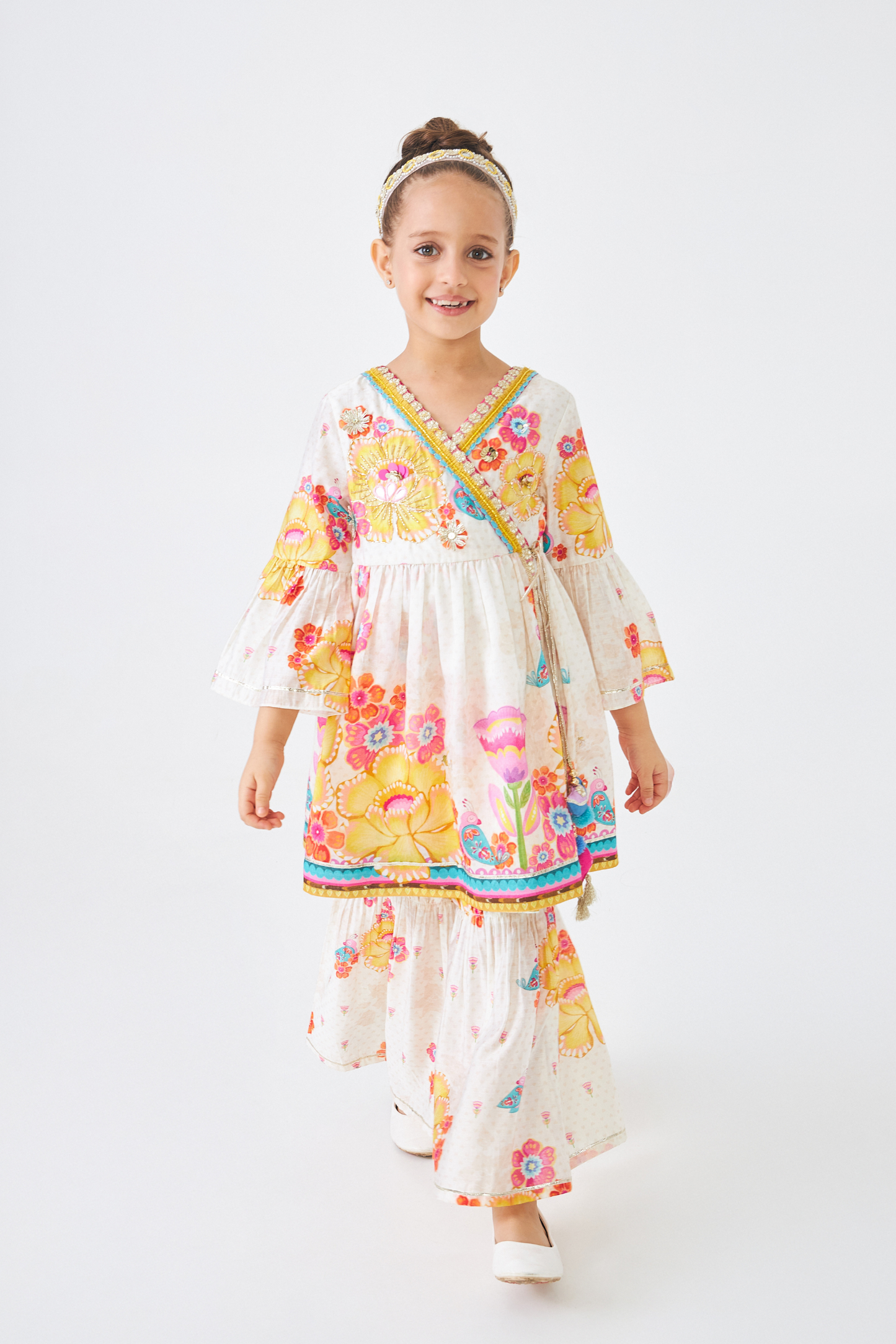 Freya Mustard Embellished Girls Wrap Tunic & Flared Trouser Coord (Set of 2 Pcs)