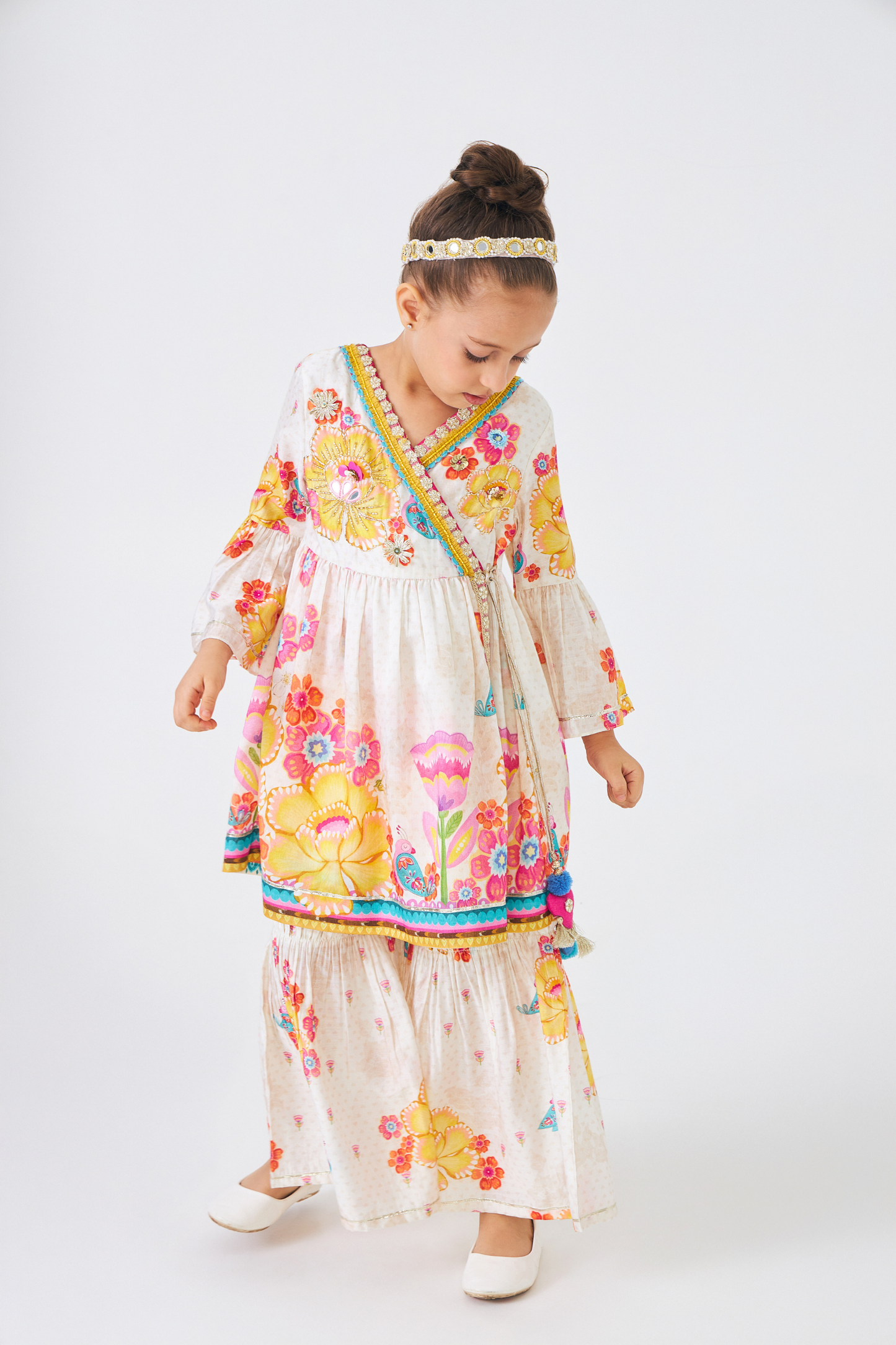 Freya Mustard Embellished Girls Wrap Tunic & Flared Trouser Coord (Set of 2 Pcs)