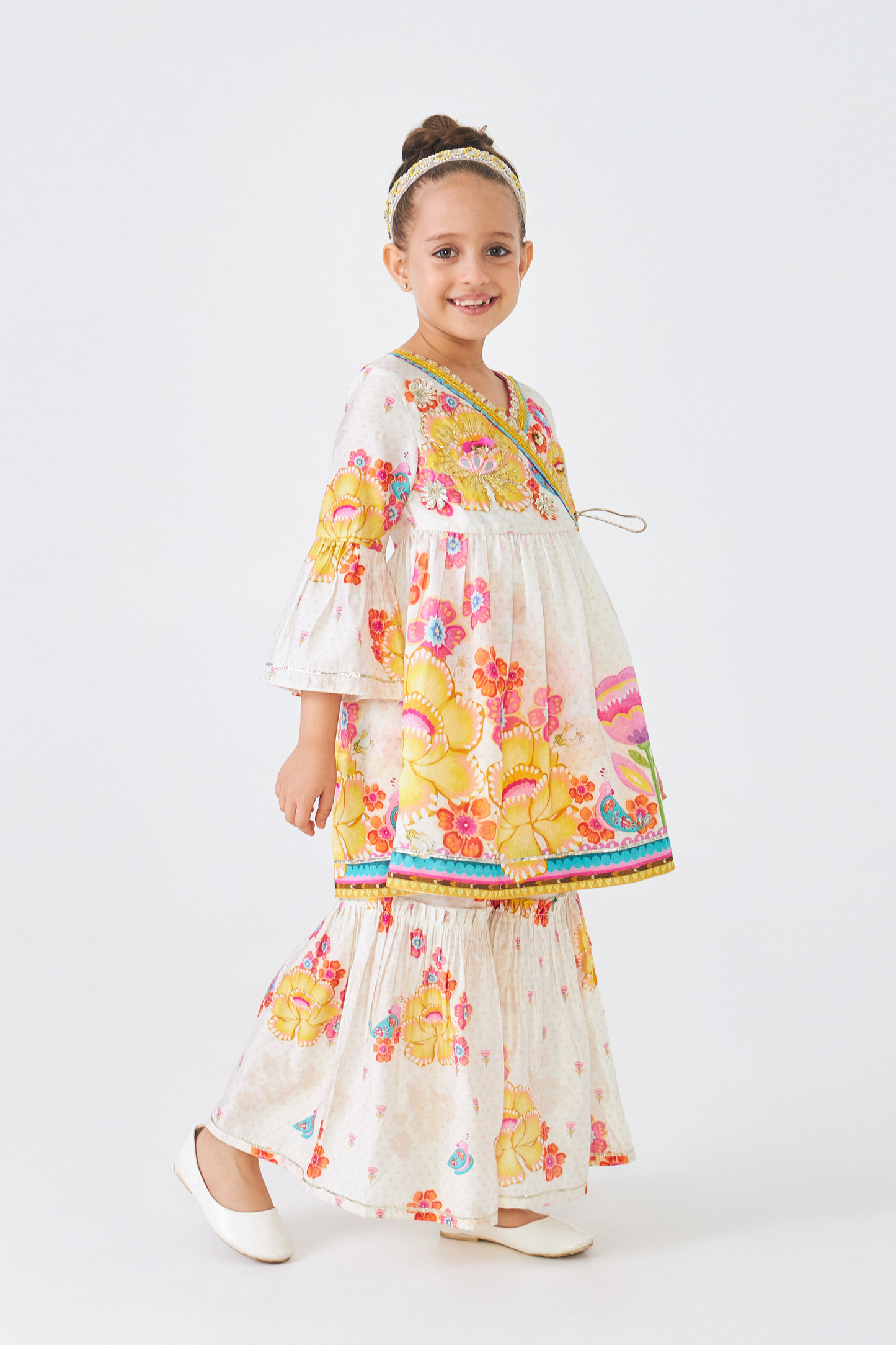 Freya Mustard Embellished Girls Wrap Tunic & Flared Trouser Coord (Set of 2 Pcs)