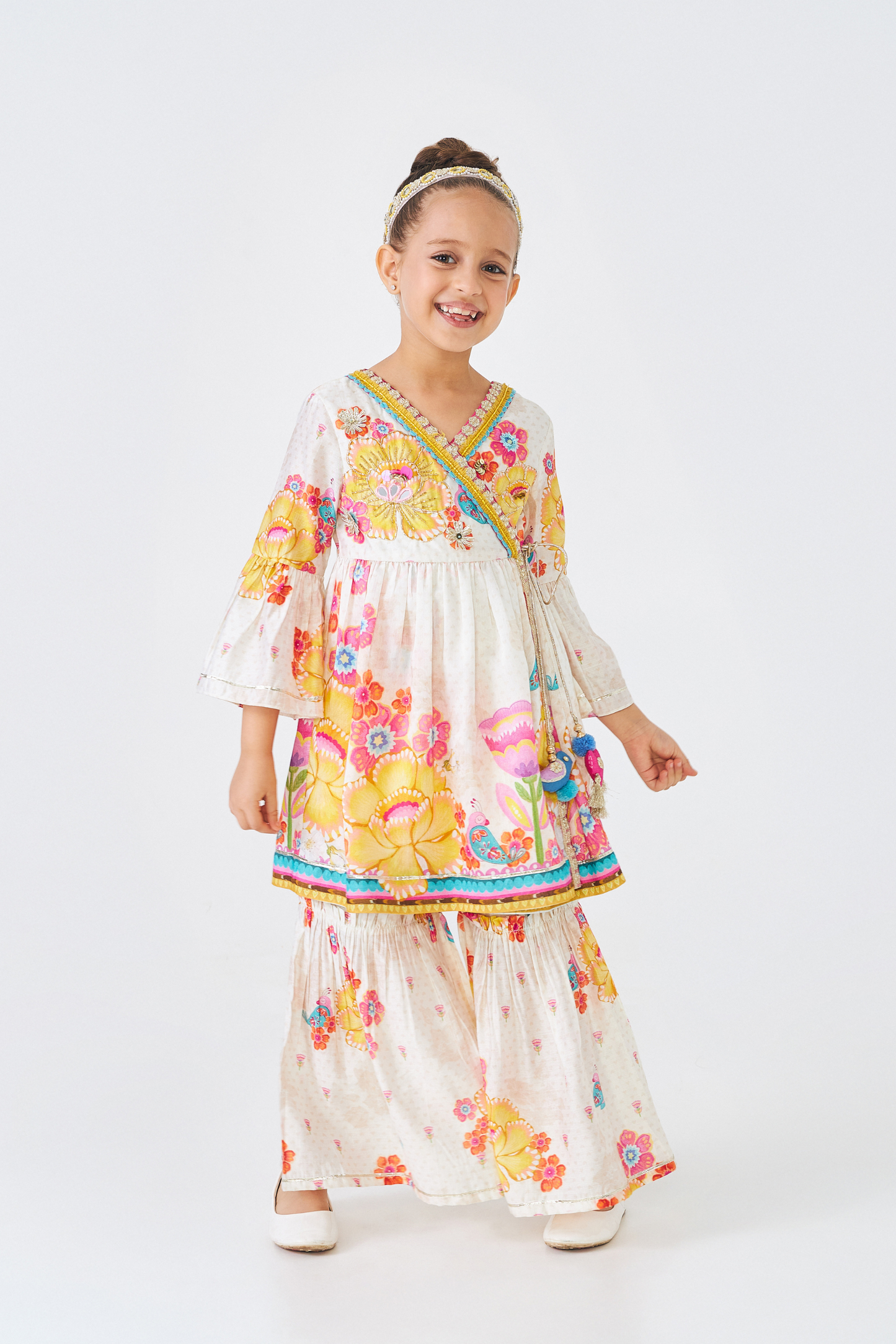 Freya Mustard Embellished Girls Wrap Tunic & Flared Trouser Coord (Set of 2 Pcs)