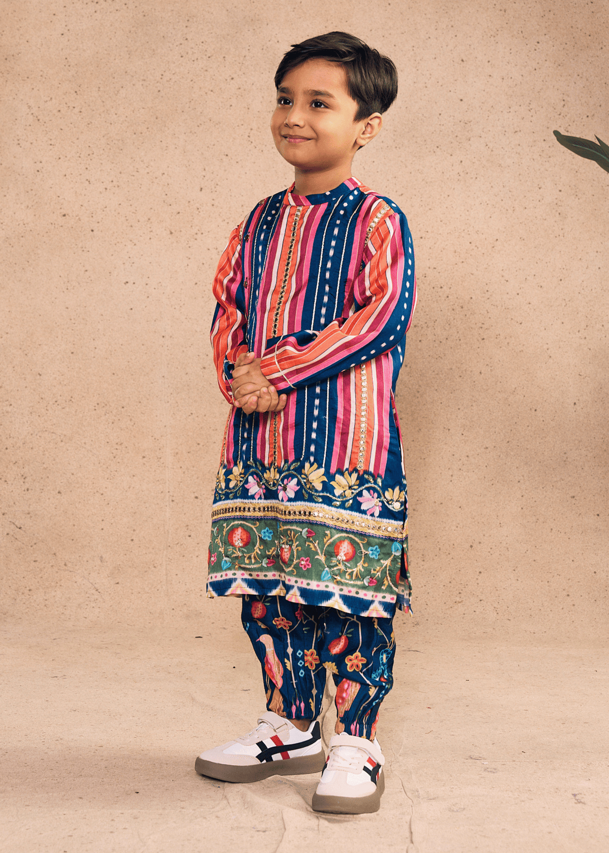 Dalia Navy Stripe Boys Embellished Kurta Coord & Bundi (Set of 3 pcs)