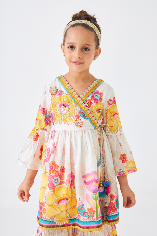Freya Mustard Embellished Girls Wrap Tunic & Flared Trouser Coord (Set of 2 Pcs)