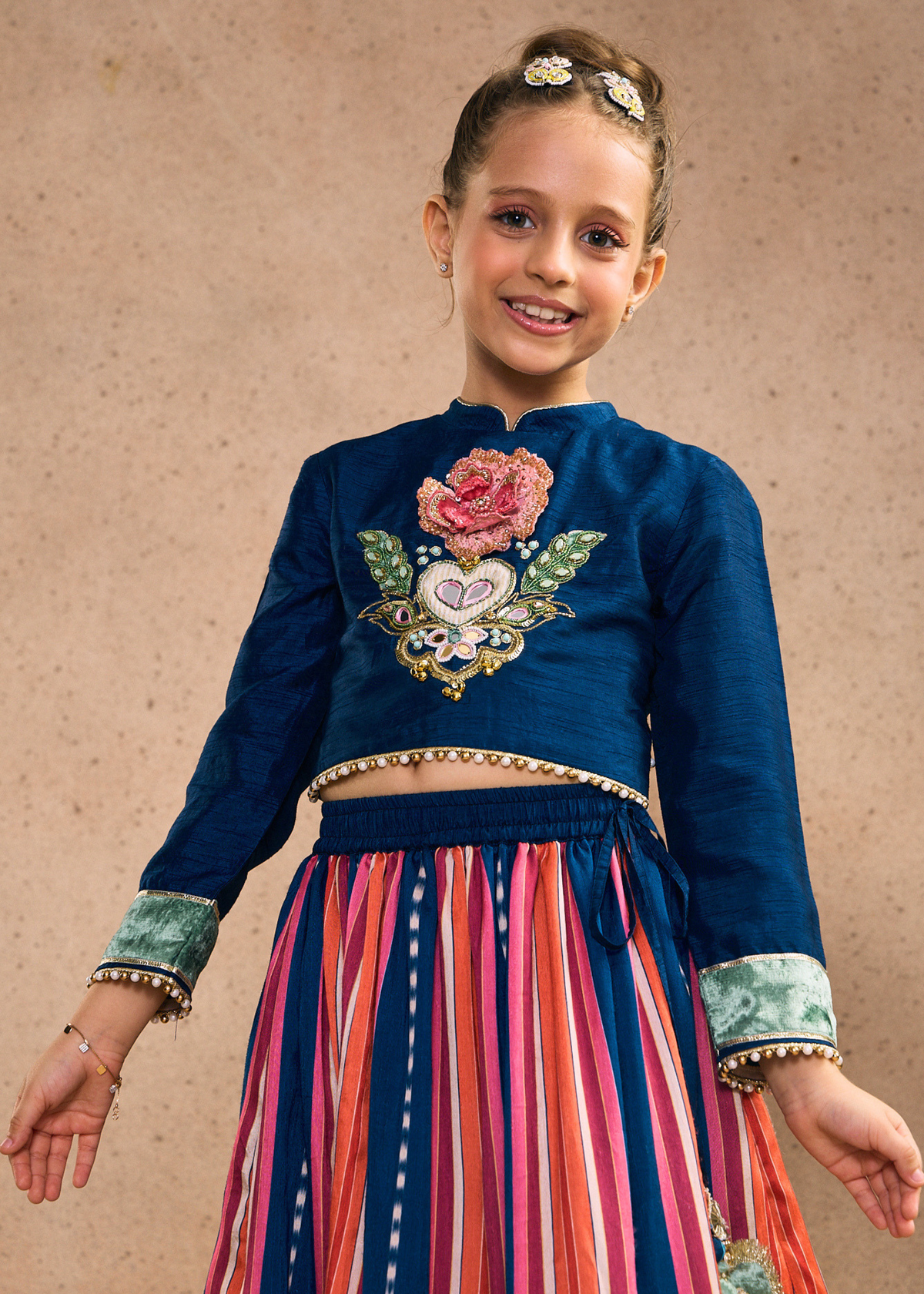 Dalia Navy Girls Embellished Full Sleeves Top, Skirt & Dupatta (Set of 3 pcs)