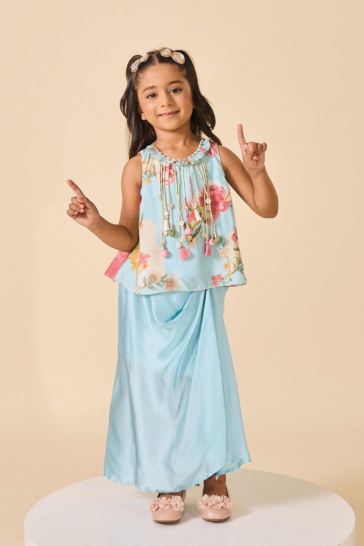 Blue Clay Embellished Girls Fringe Top & Draped Skirt ( 2 Pc Set)