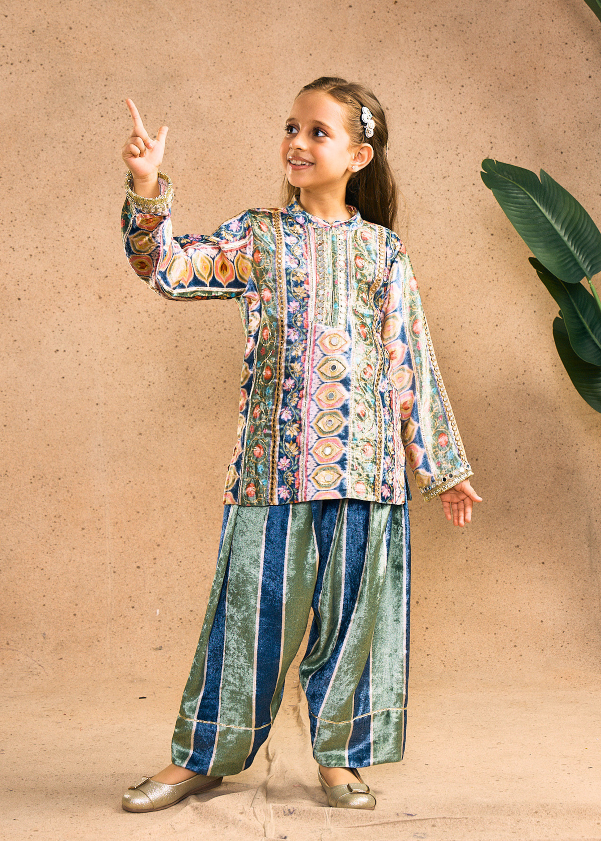 Melanie Stripe Girls Velvet Tunic & Trouser (Set of 2 pcs)