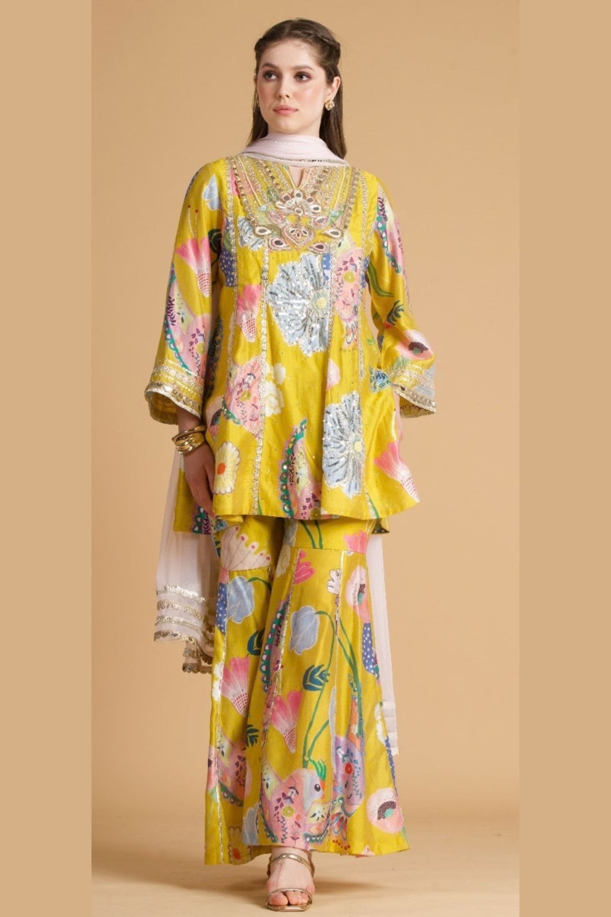 Yellow Bloom embellished Kurti flared trouser set with Dupatta( 3 pcs set)