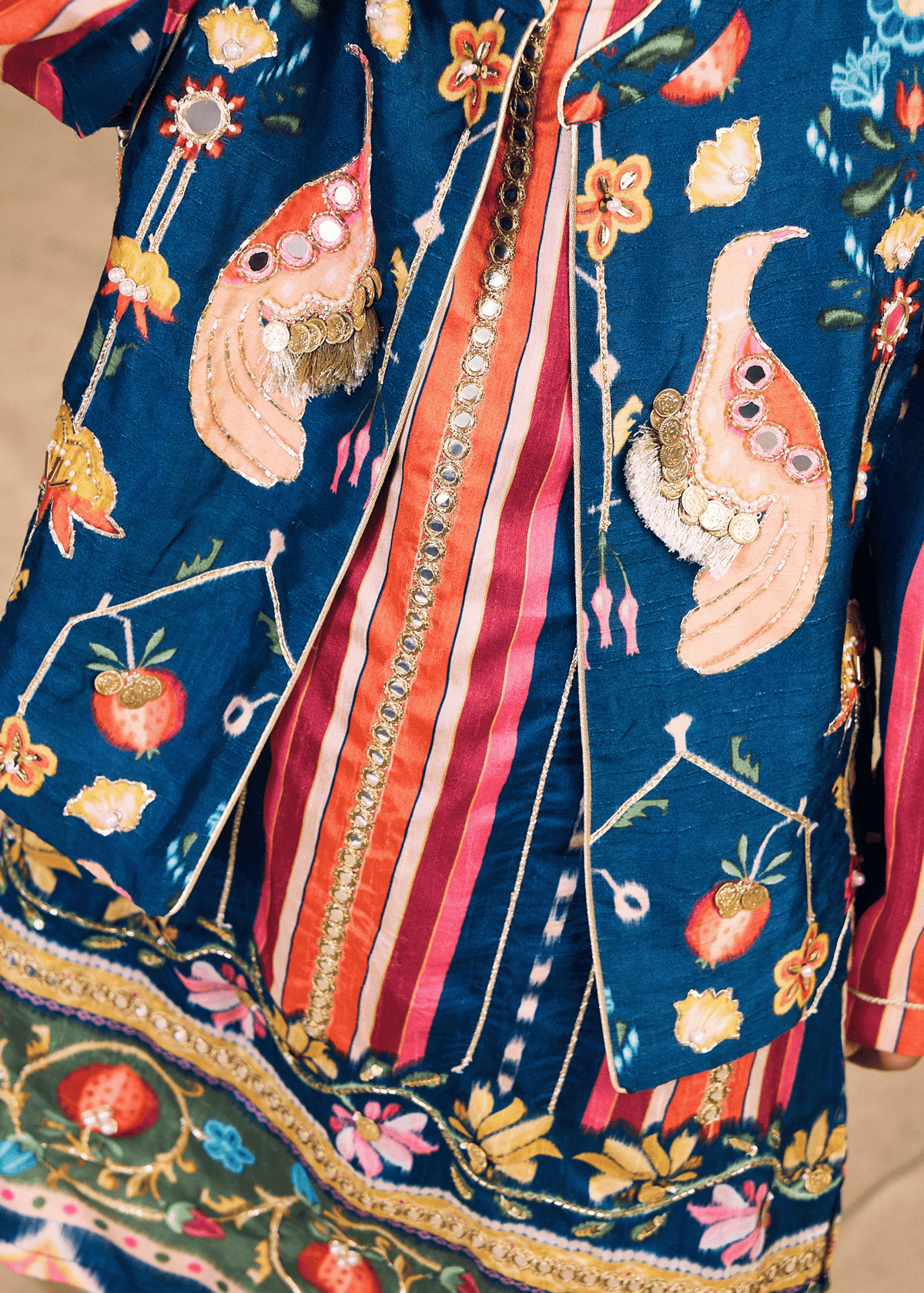 Dalia Navy Stripe Boys Embellished Kurta Coord & Bundi (Set of 3 pcs)