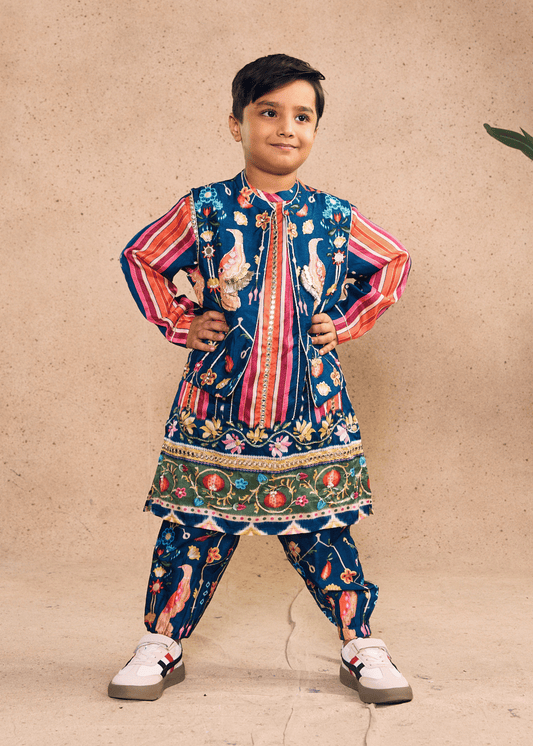 Dalia Navy Stripe Boys Embellished Kurta Coord & Bundi (Set of 3 pcs)