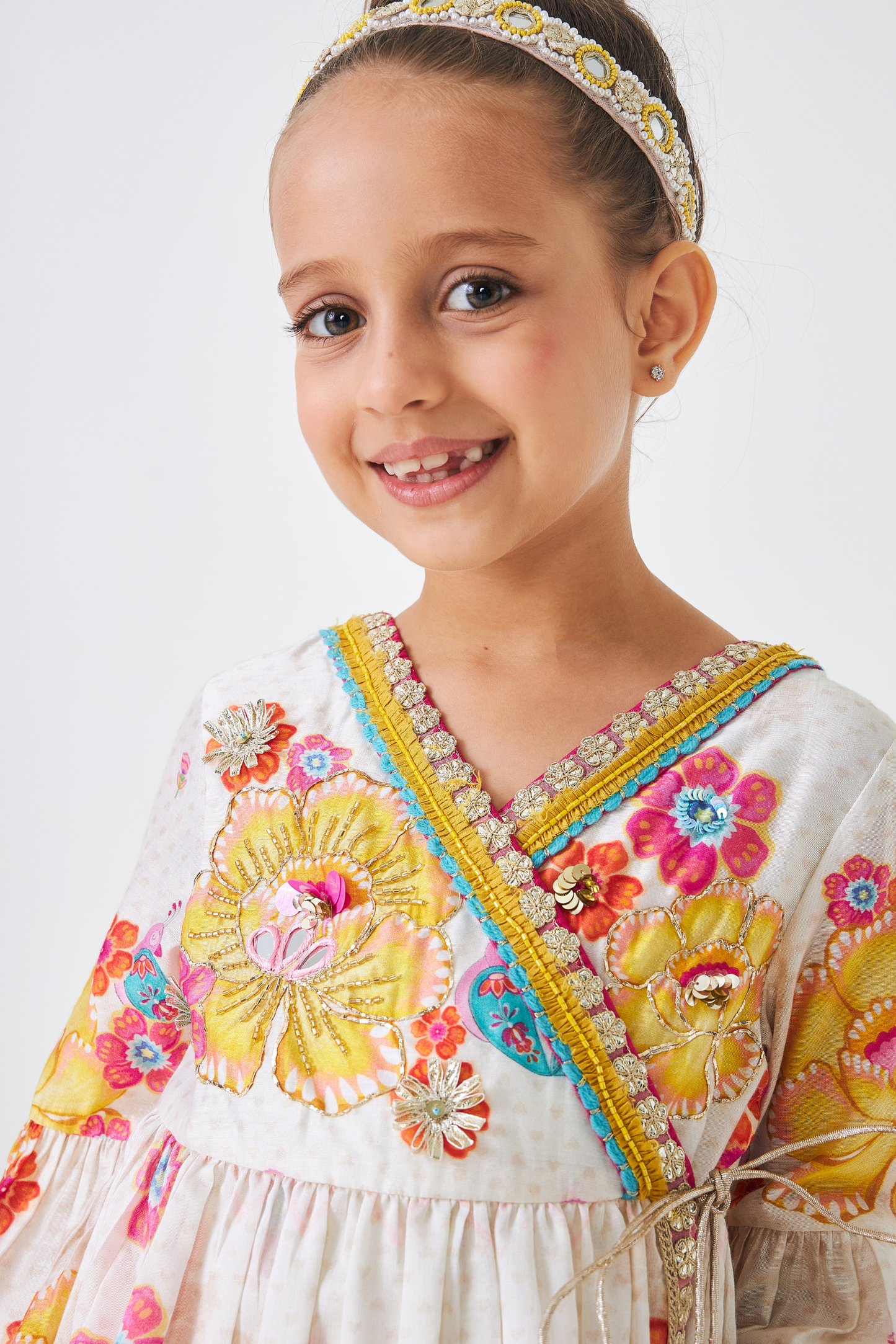 Freya Mustard Embellished Girls Wrap Tunic & Flared Trouser Coord (Set of 2 Pcs)