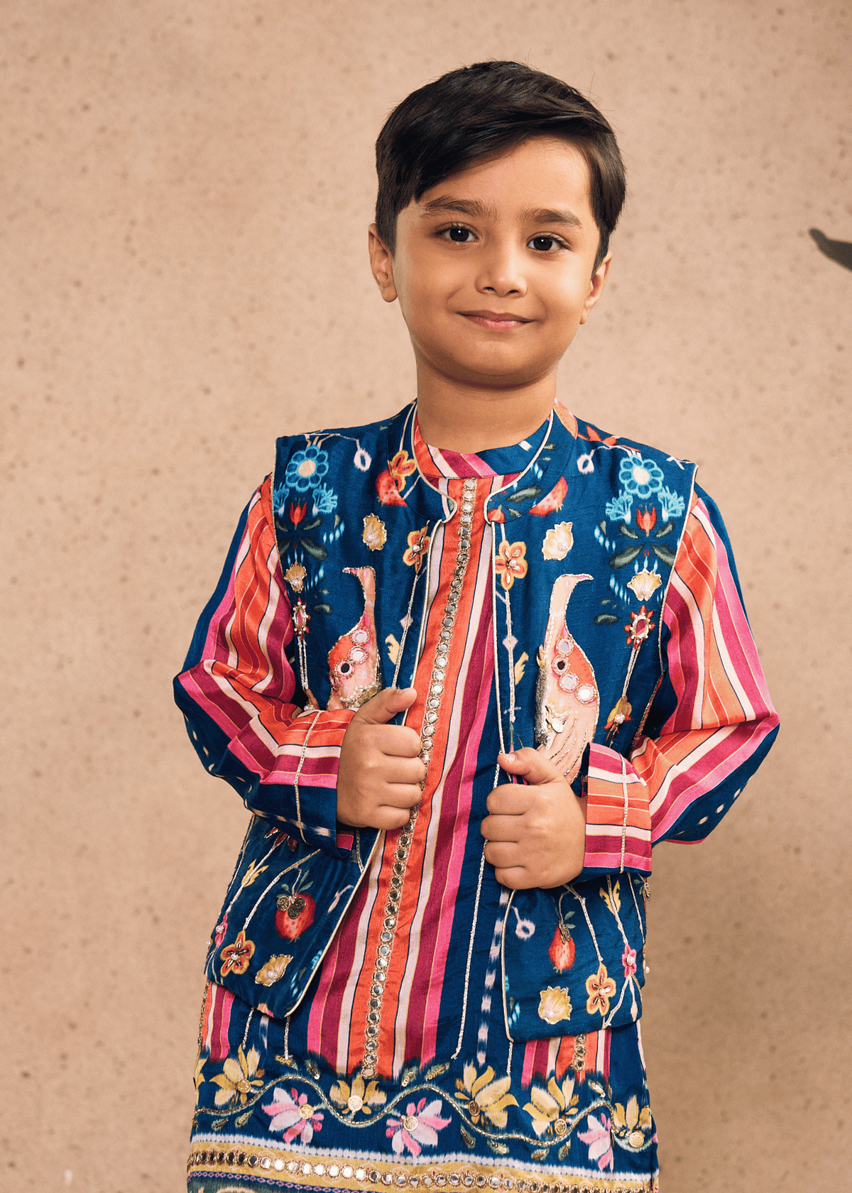 Dalia Navy Stripe Boys Embellished Kurta Coord & Bundi (Set of 3 pcs)